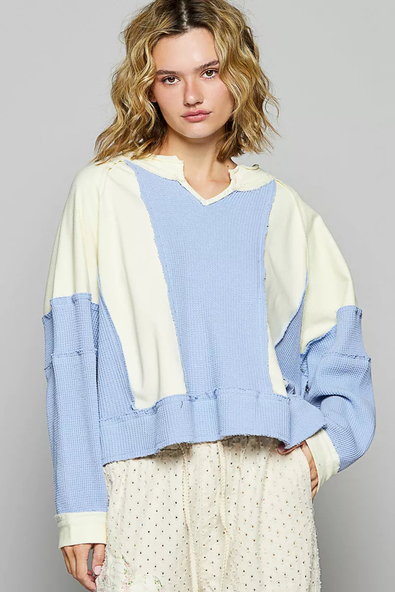 POL Color Block Waffle Knit Raw Hem Sweatshirt