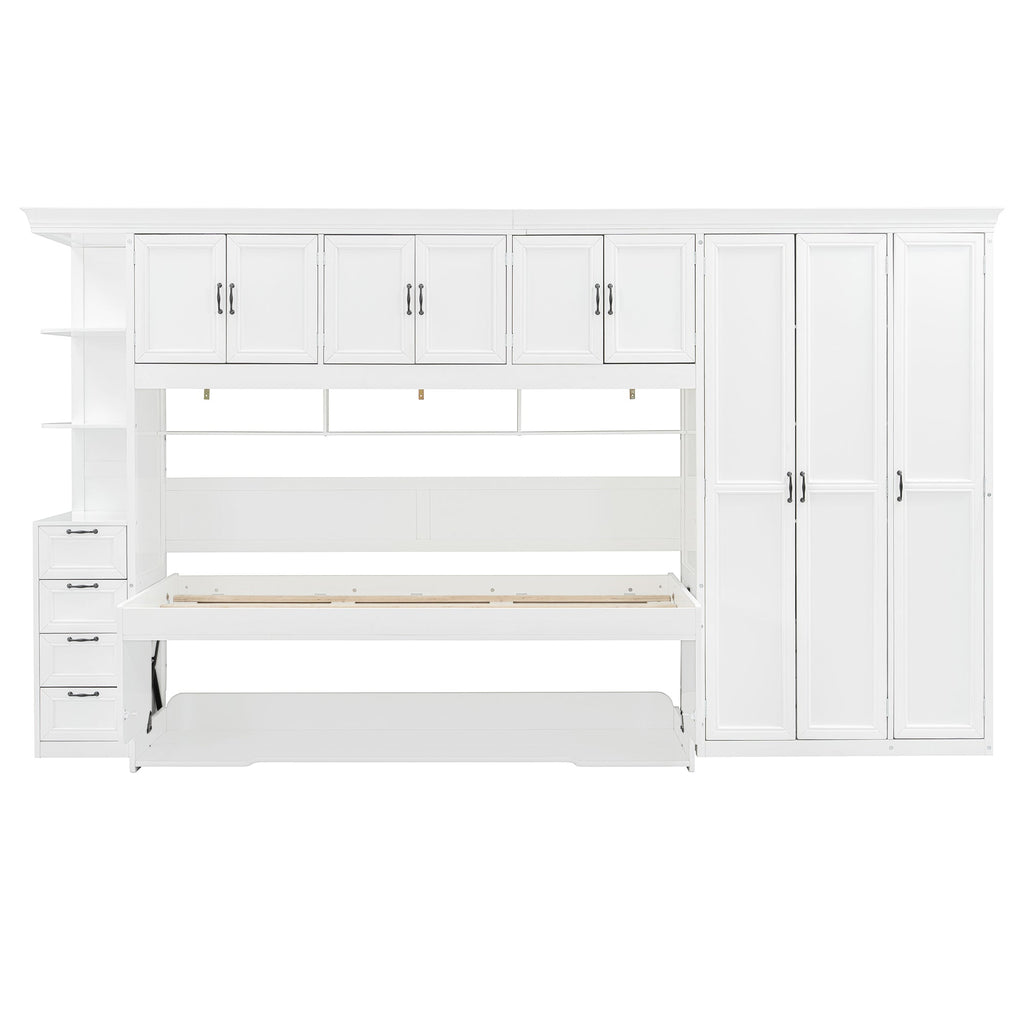 Twin Size Murphy Bed Wall Bed with Wardrobe, Cabinet and Desk, White