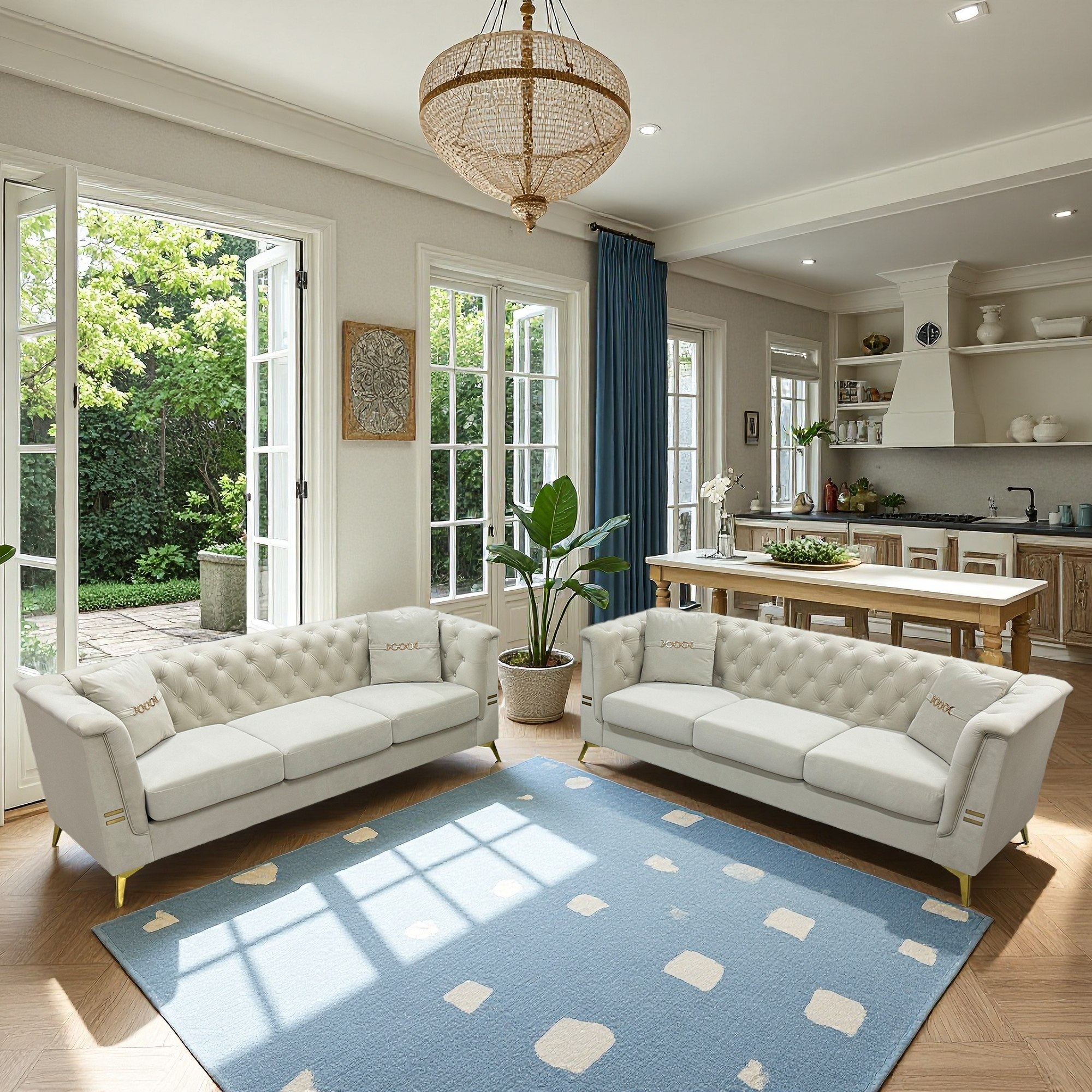 FX-P83-2PC SOFA -CW4  Modern Velvet Upholstered Sofa Set of 2, Cream White 3-Seater Sofas with Gold Metal Legs Contemporary Living Room Furniture for Family Homes, Apartments, and Lounge Spaces