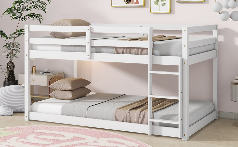 Solid Wooden, Solid Rubber Wooden Twin over Twin Floor Bunk Bed with Ladder, with Bed Platform of Strengthened Slats,White