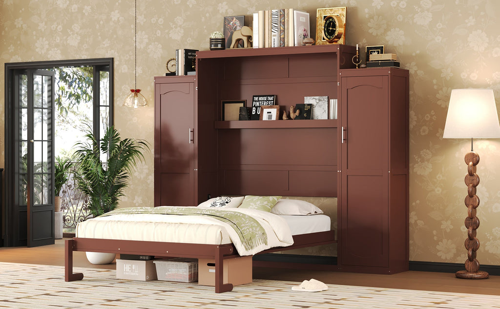 Queen Size Murphy Bed, Wooden Queen Wall Bed with 2 Wardrobe and Storage Shelf, Multifunctional Foldable Platform Bedframe for Guest-Room, Bedroom, Walnut