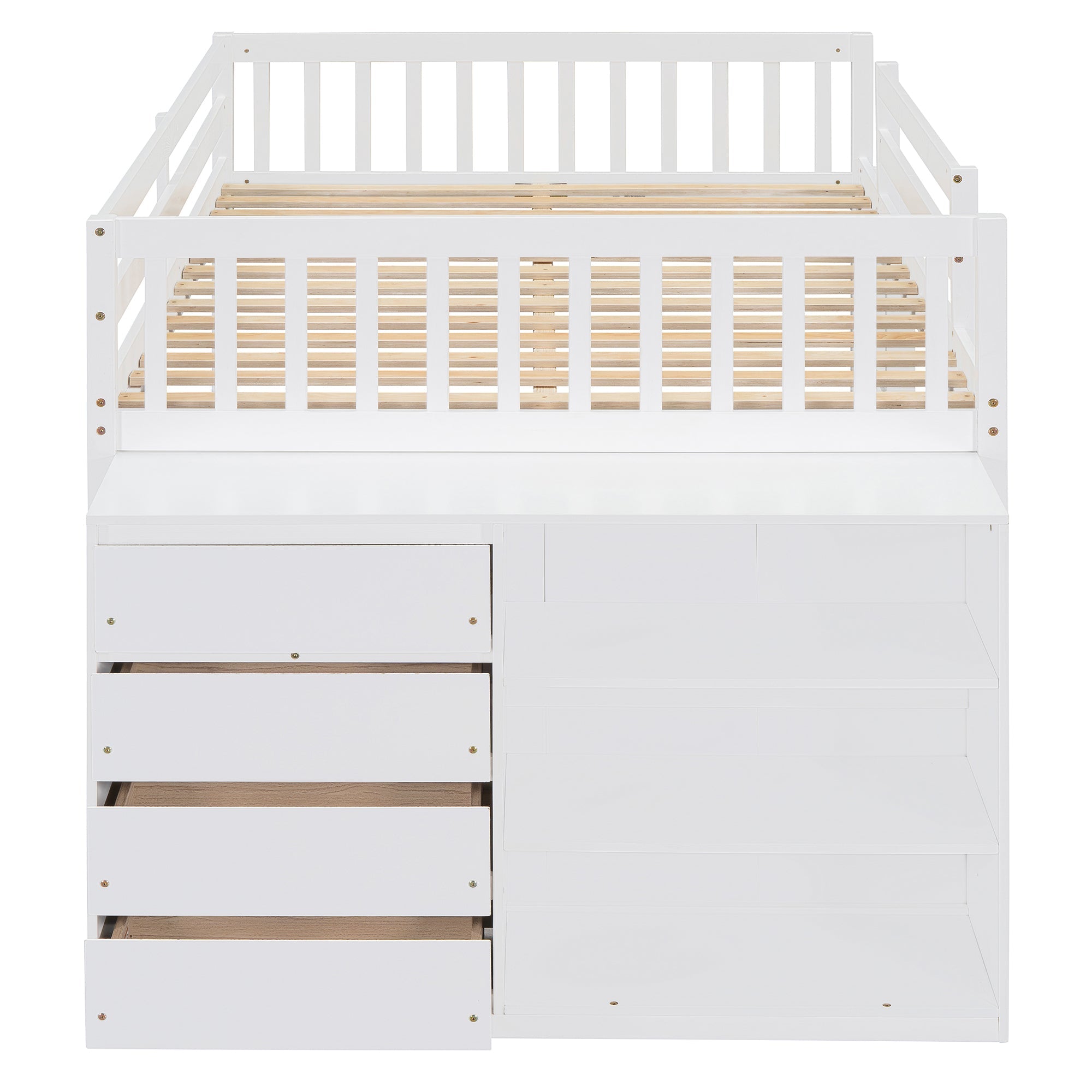 Elegant White Full Over Full Bunk Bed with Storage and Shelves - Solid Wood and Durable Design