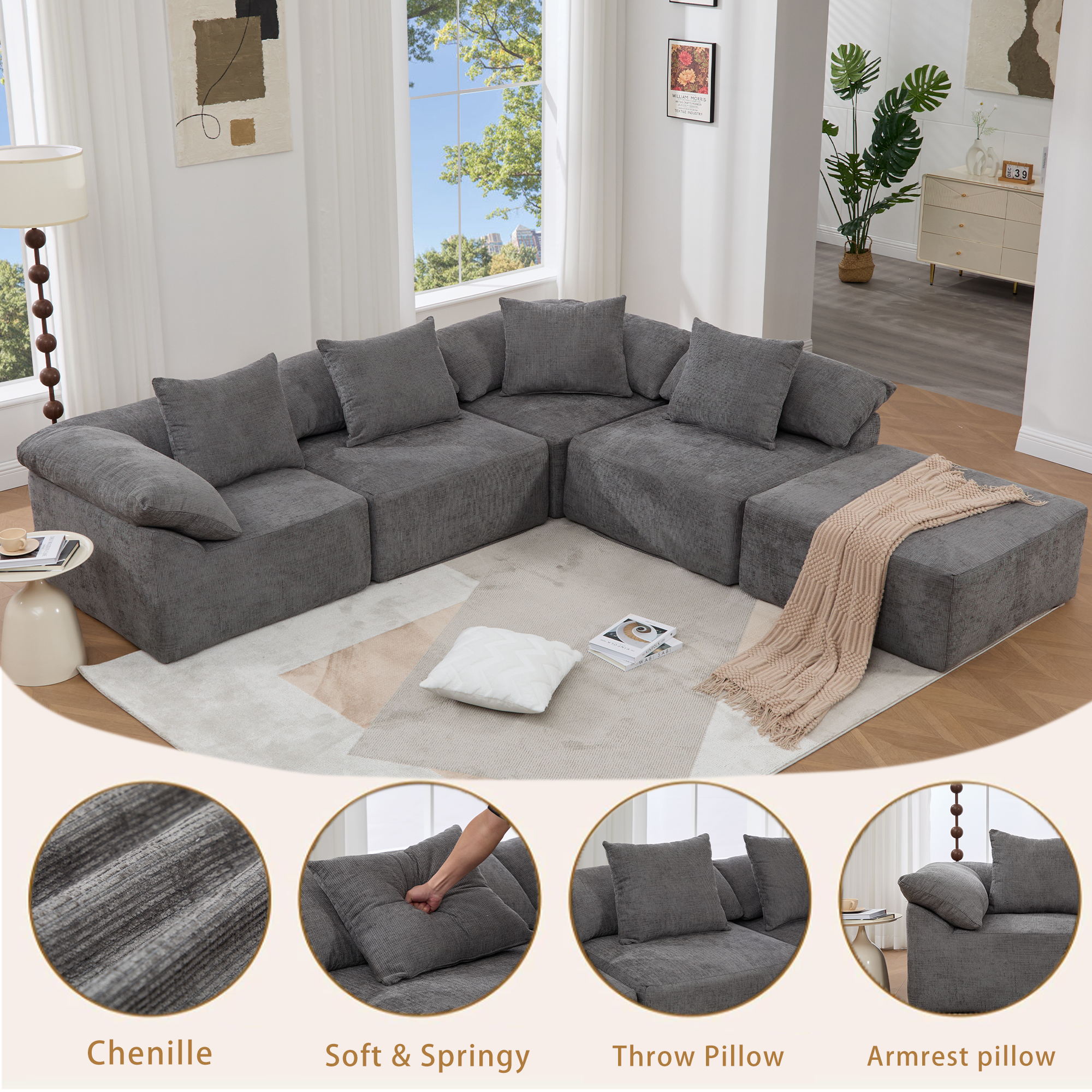 142' L Shaped Modular Sectional Sofa,No Assembly,5 Piece Couch, Convertible Sleeper Couch,Full-Compressed Couch,Free-Combined Couches,5 Seat & Ottoman,Chenille,Gray