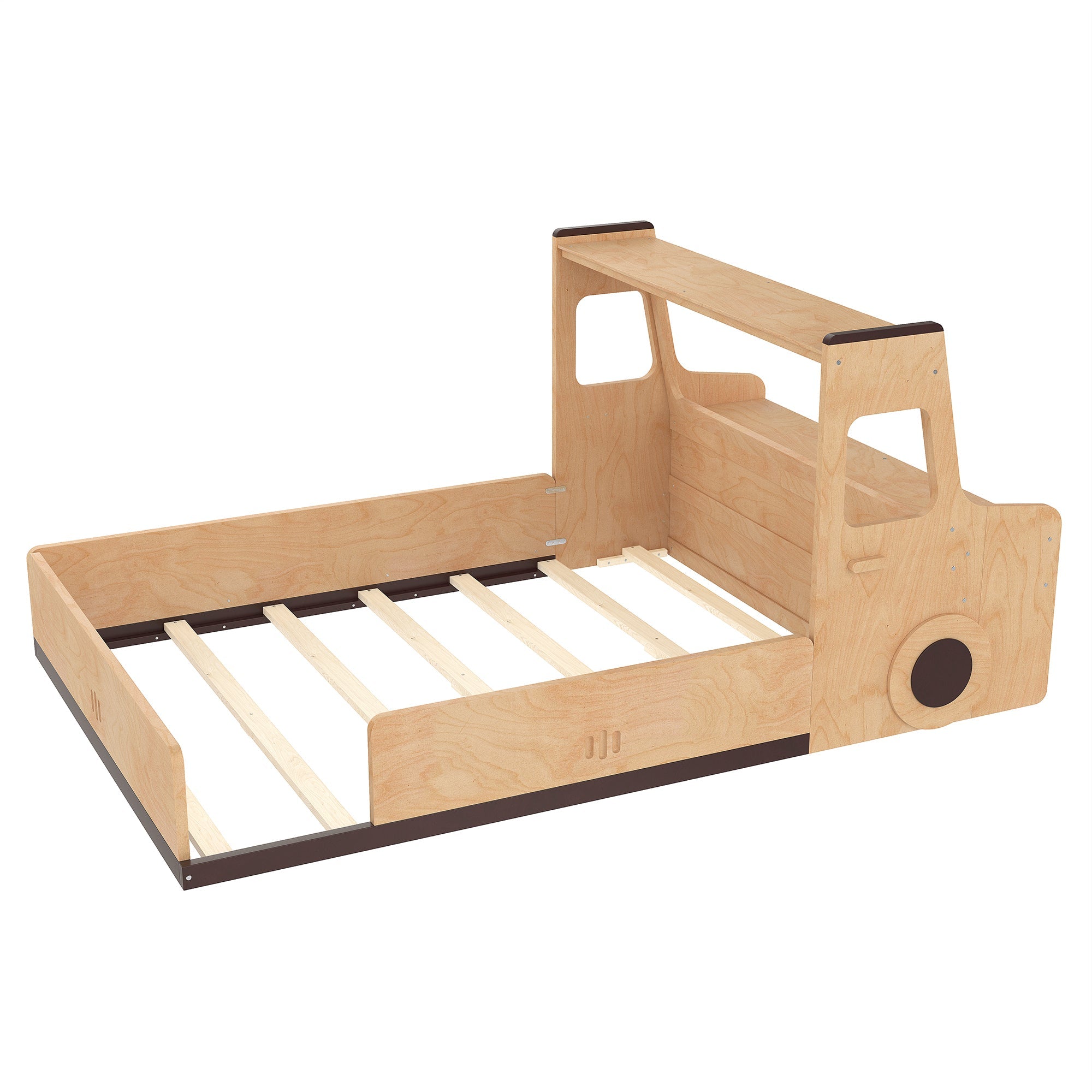 Full Size Floor Bed with Interesting Car-shape Design, Kids Car Floor Bed with Storage Drawers, Window, and Desk, Childlike Design, Natural