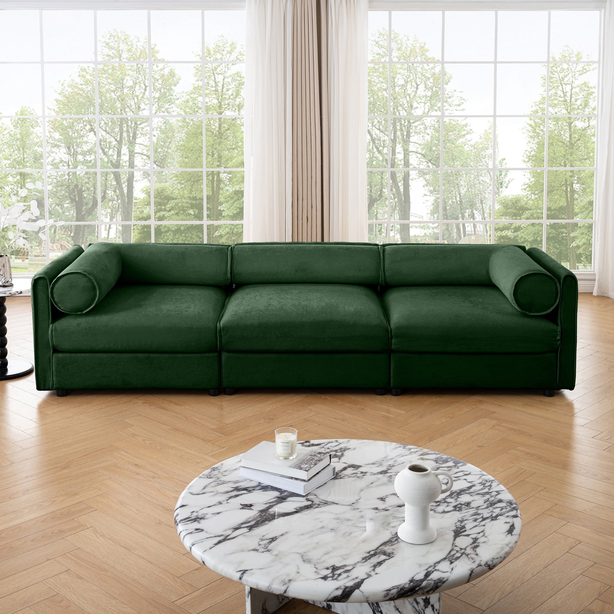 Elegant Green Chenille  Sofa with Storage Seat, Cylindrical Backrest and Armrests, Contemporary 3-Seater Fabric Couch with Hidden Storage Compartment