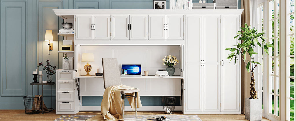 Twin Size Murphy Bed Wall Bed with Wardrobe, Cabinet and Desk, White