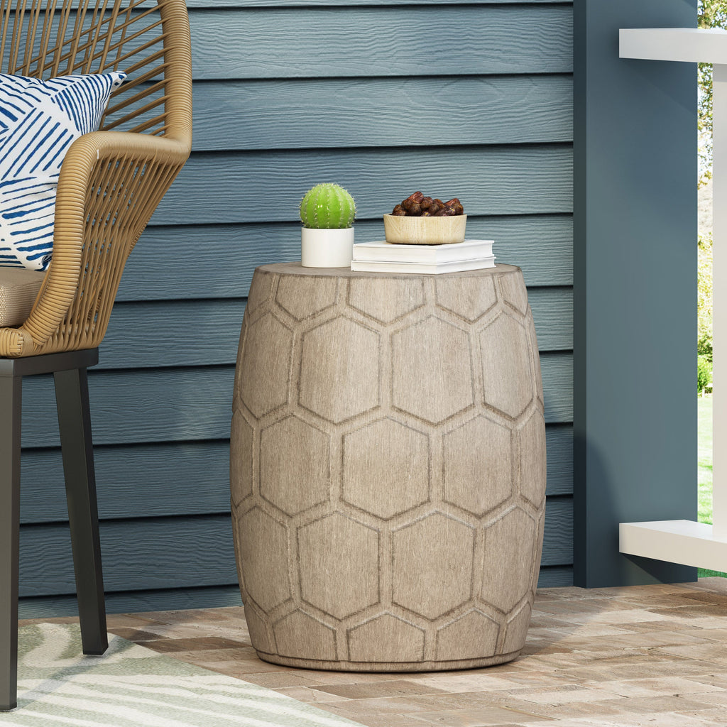 Boho Outdoor Lightweight Concrete Side Table with Honeycomb Pattern in Natural Finish, Magnesium Oxide, 15.25 x 15.25 x 18.25 inches