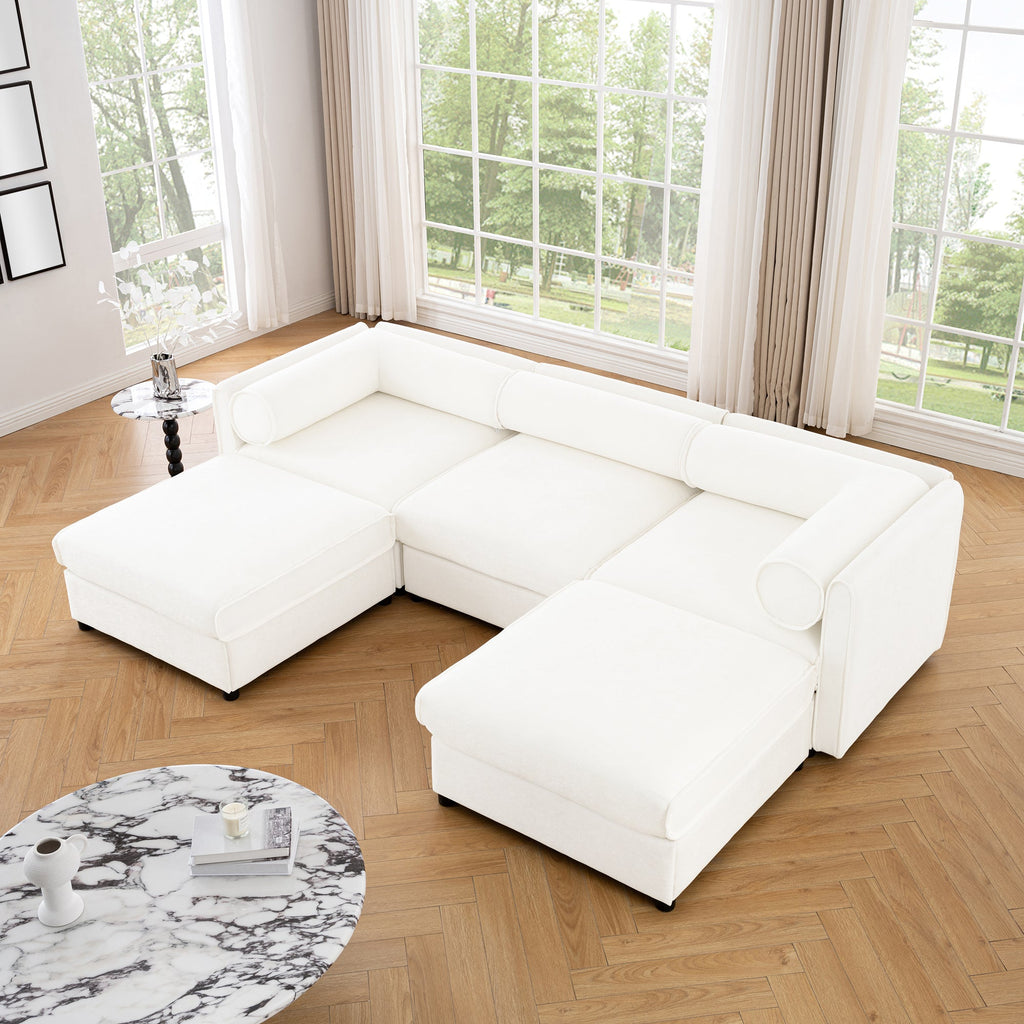 Elegant White Chenille  Sofa with Storage Seat and Ottoman, U-Shaped 3-Seater Cylindrical Backrest and Armrests, Contemporary 3-Seater Fabric Couch with Hidden Storage Compartment