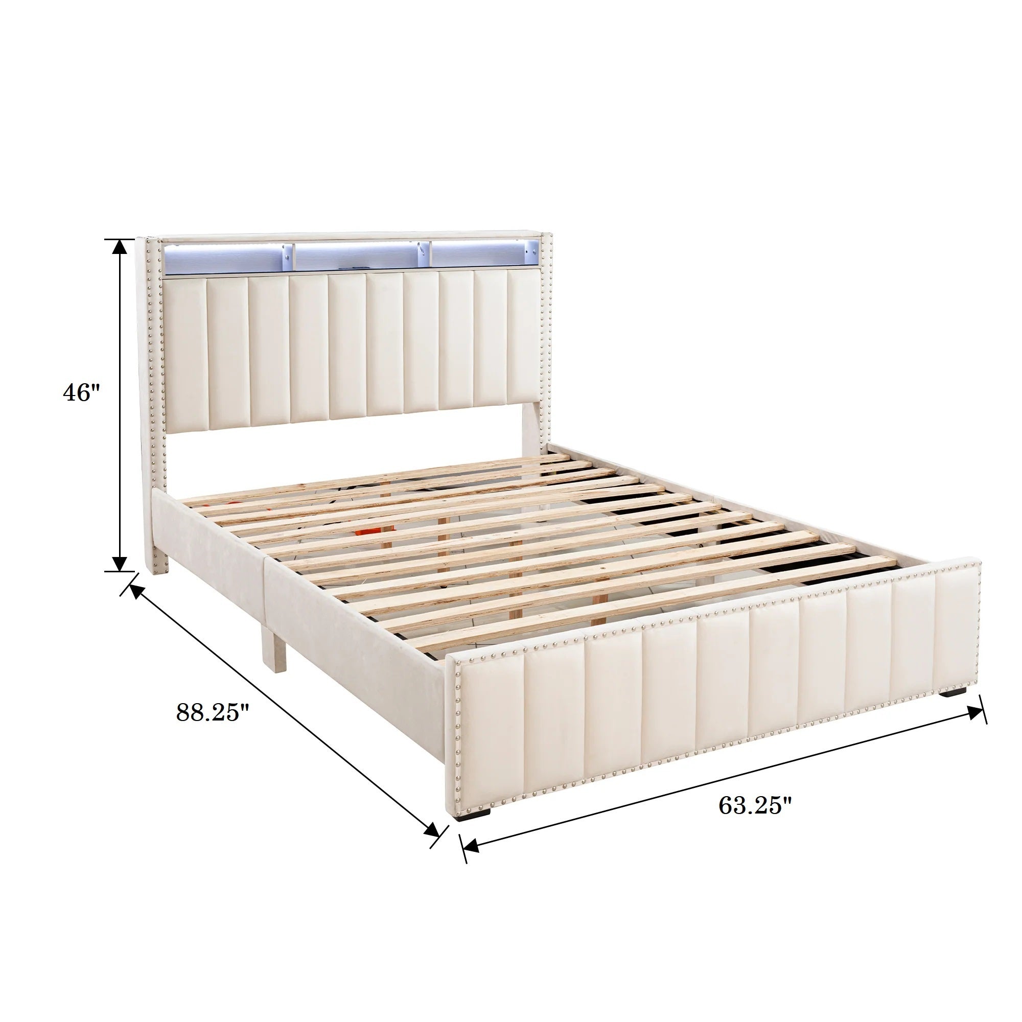 Full Size Bed 2x Nightstands Bedroom Furniture Contemporary Beige Fabric Upholstered Bedframe w LED Nailhead Trim 3pc Bedroom Set