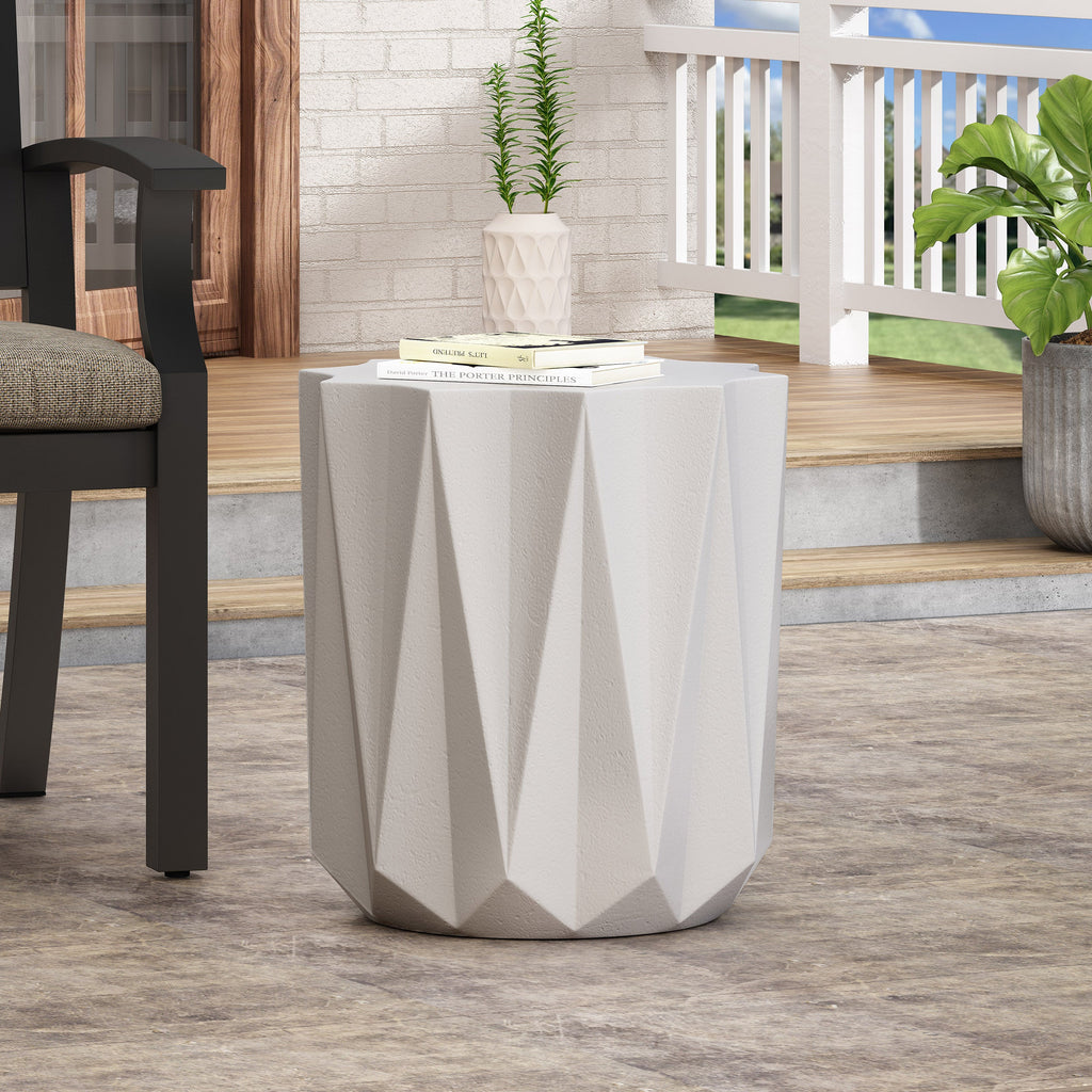 Modern Outdoor Lightweight Concrete Side Table with Geometric Design in Antique White