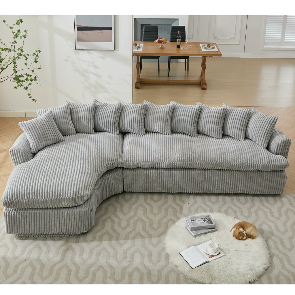 127''  Large Sectional Sofa ,Elegant Curved Design ,High-Resilience Foam ,Ten Back Cushions,L-Shape Left Sofa,No Assembly  Required , (Gray-Soft Corduroy Fabric)