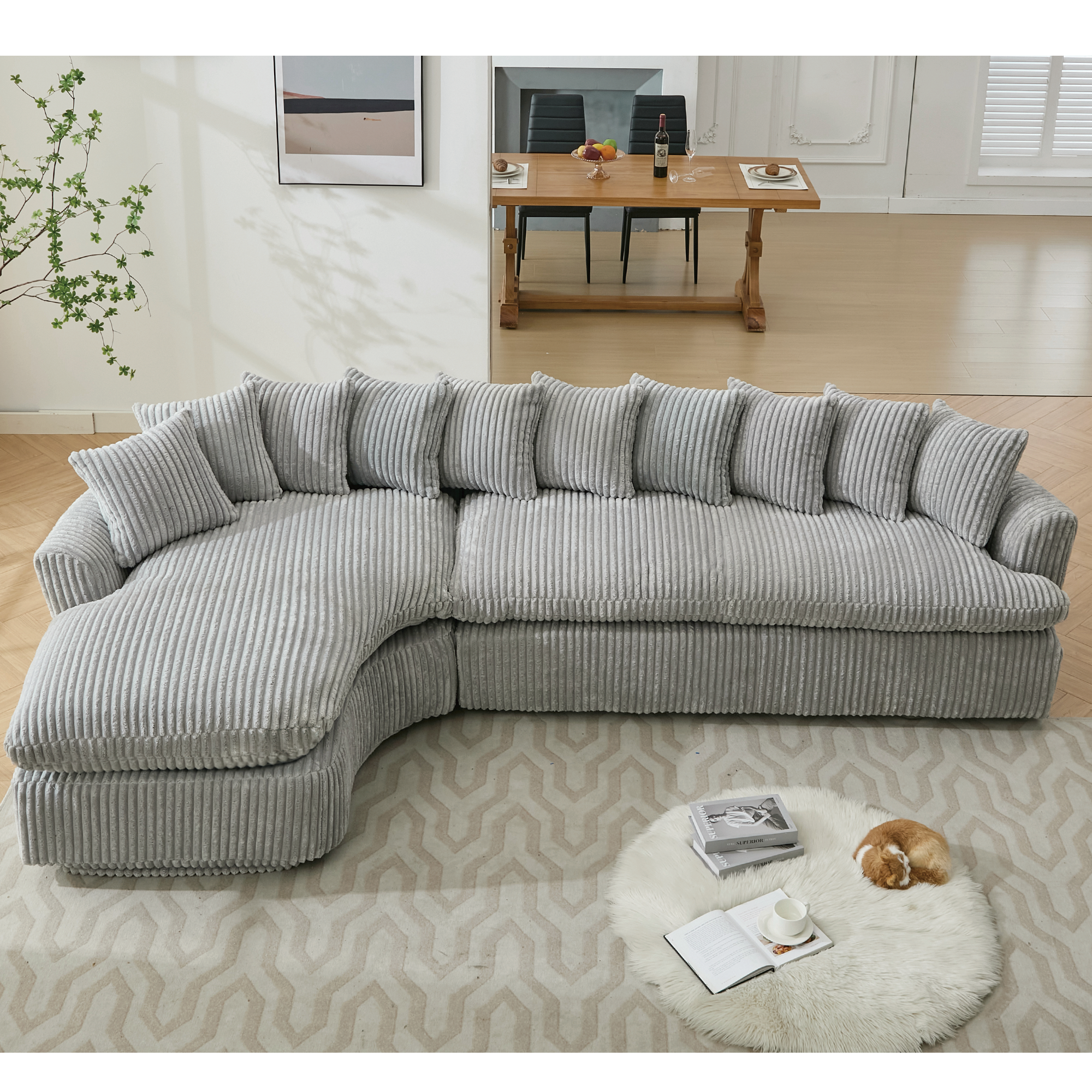 127''  Large Sectional Sofa ,Elegant Curved Design ,High-Resilience Foam ,Ten Back Cushions,L-Shape Left Sofa,No Assembly  Required , (Gray-Soft Corduroy Fabric)