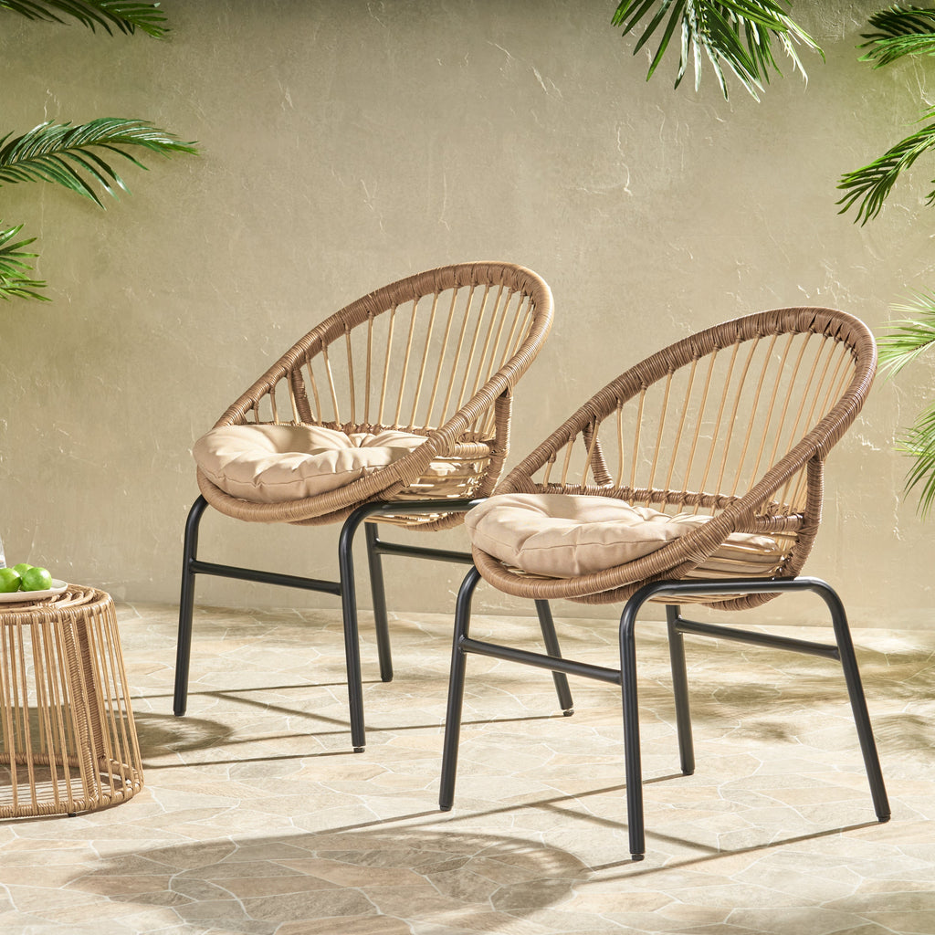Outdoor Accent Chair with Curved Back and Basket Frame, Set of 2, Light Brown and Beige