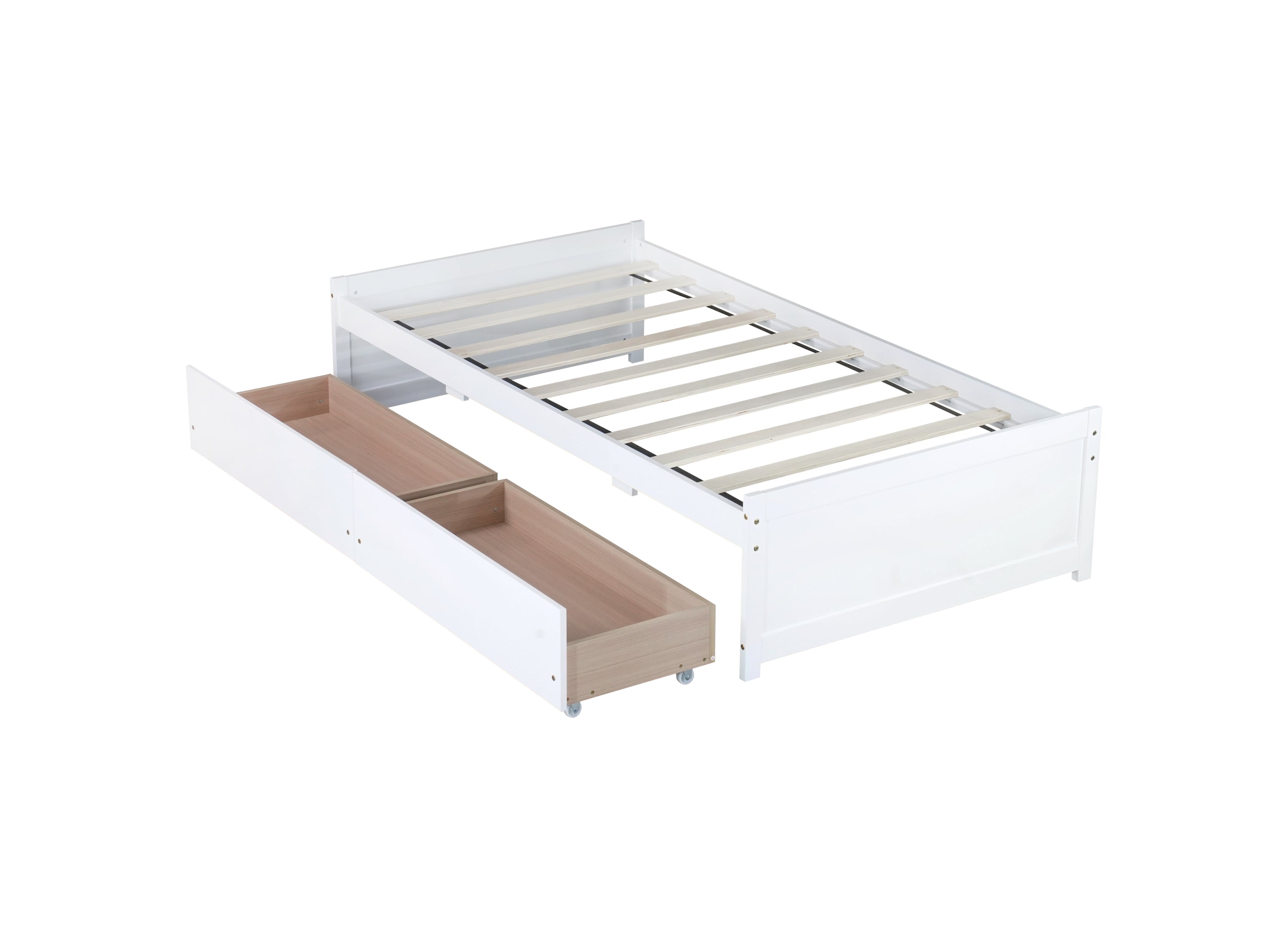 Twin Size Bed with 2 Drawers, Solid Rubber Wood Bed,White