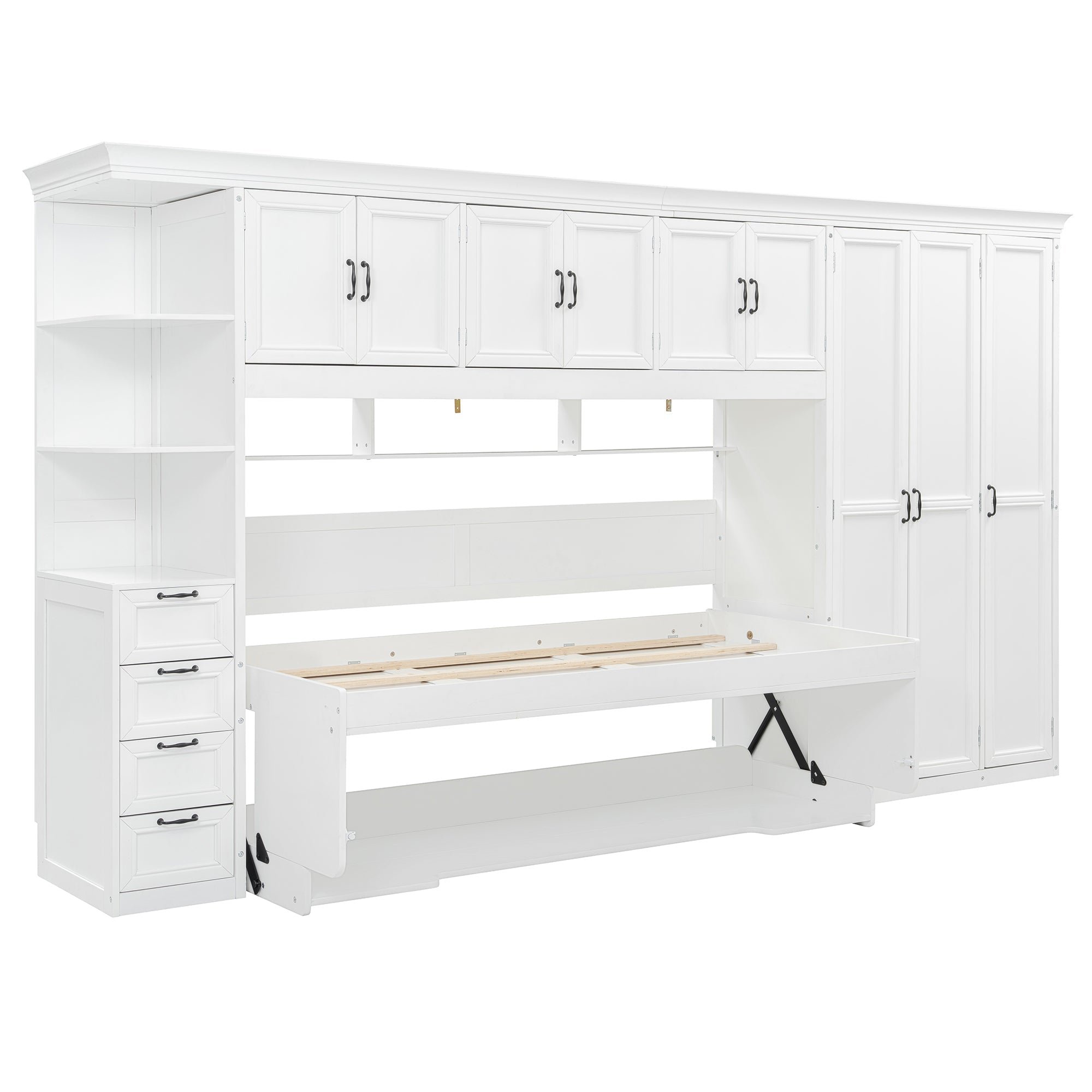 Twin Size Murphy Bed Wall Bed with Wardrobe, Cabinet and Desk, White