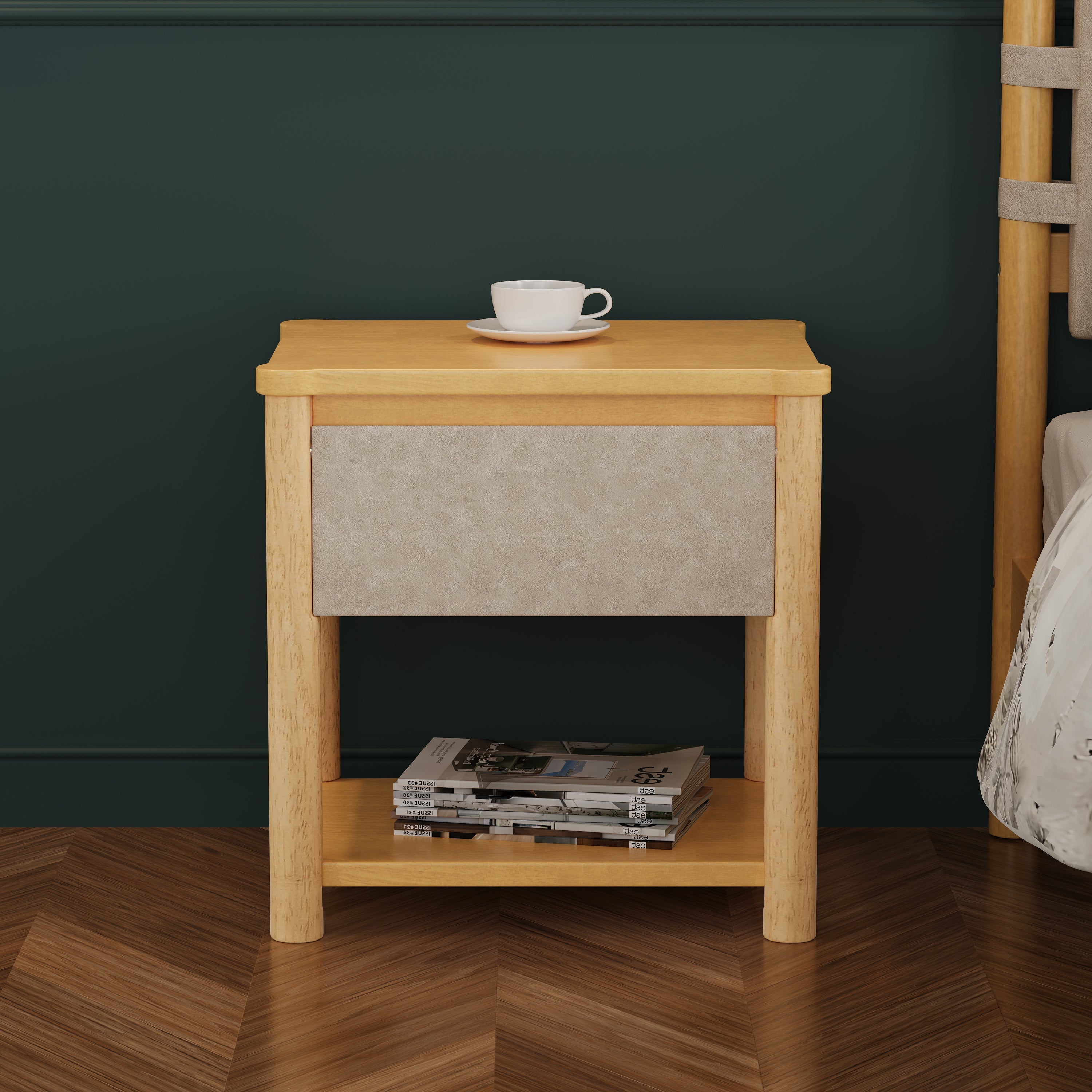 Modern King Bed Frame Set with 2 Nightstands, Beige Wood Platform Bed with Headboard and Matching Bedside Tables for Bedroom