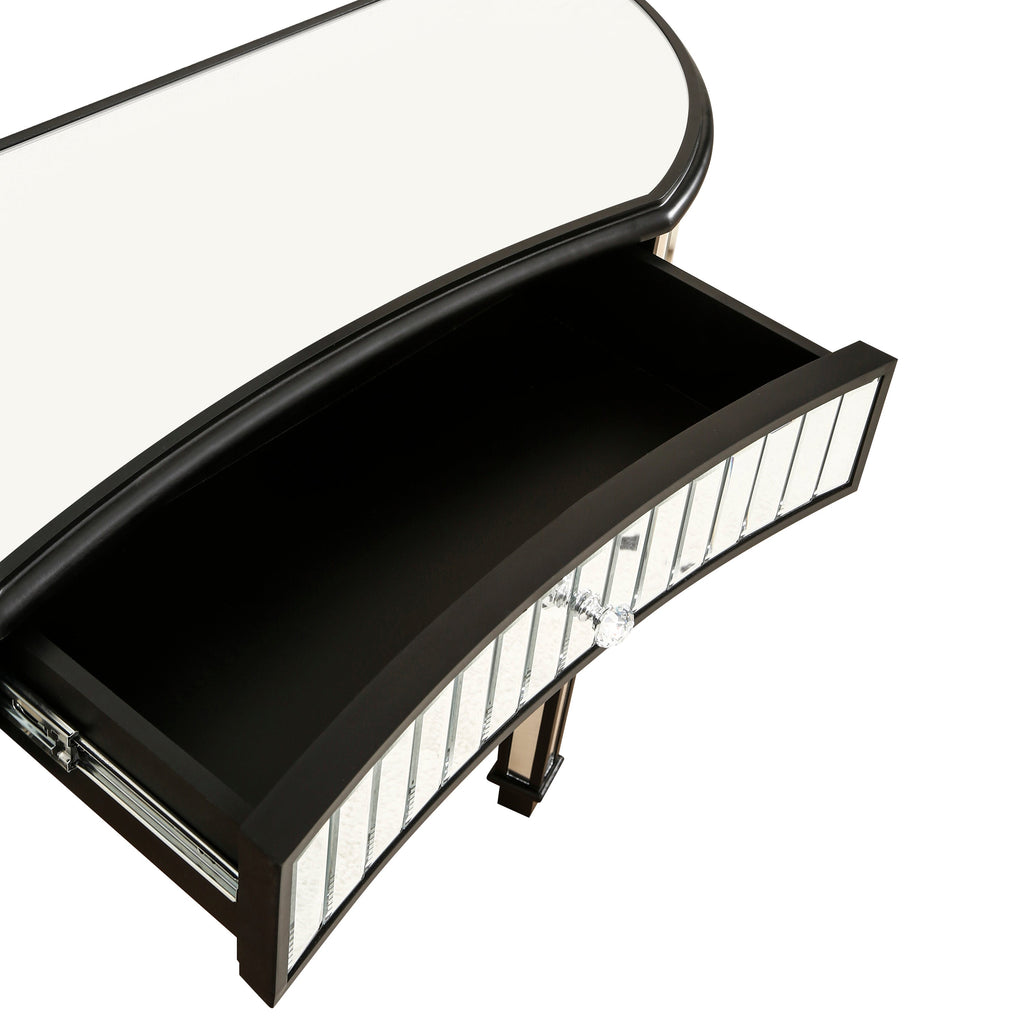 47' Half-Moon Mirrored Console Table with Fluted Glass & Crystal Knob Drawer - Silver Entryway Vanity Desk for Bedroom/Dressing Room(Black+Sliver)