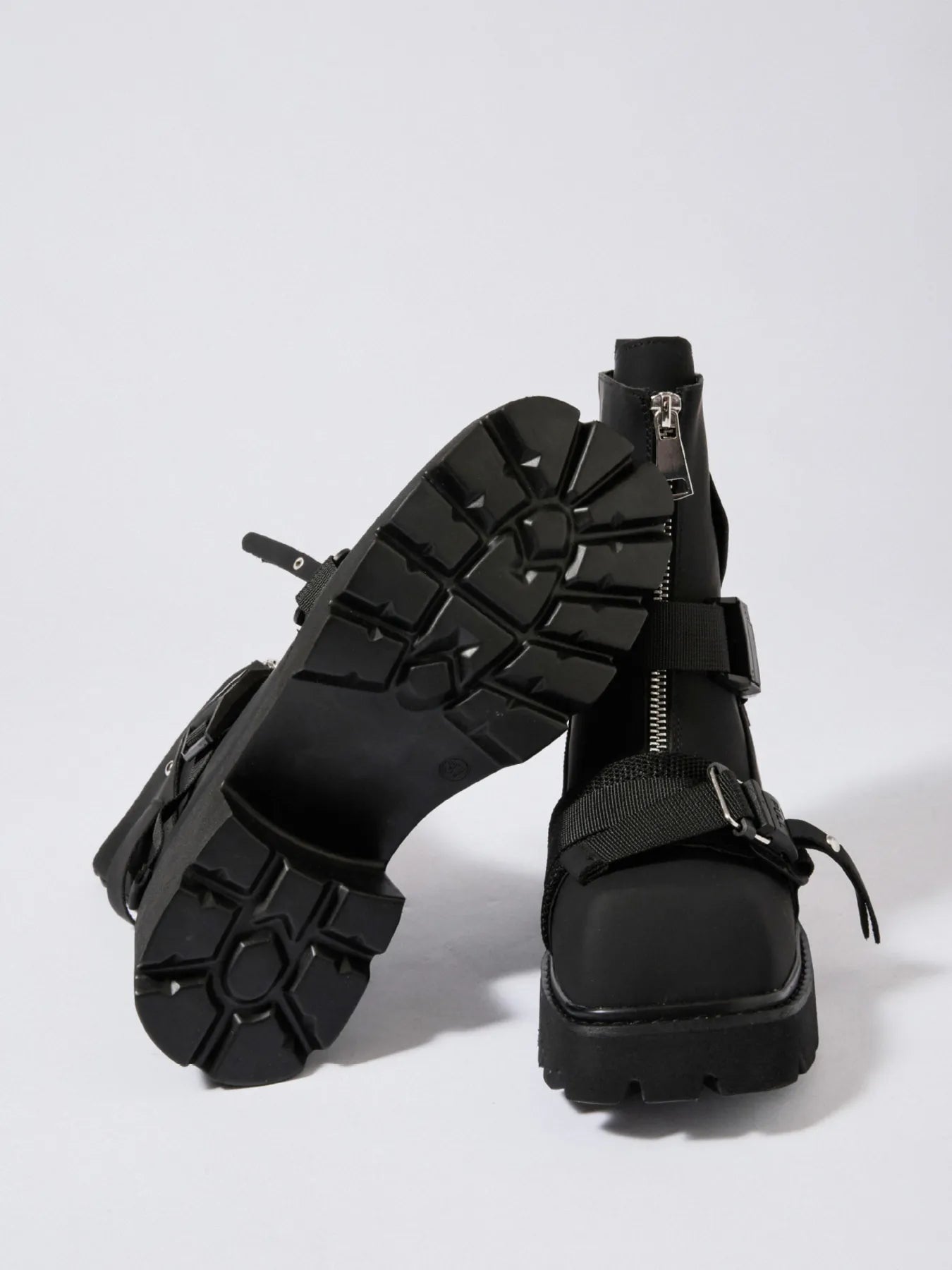 Chunky Platform Boots with Buckle Straps and Front Zip