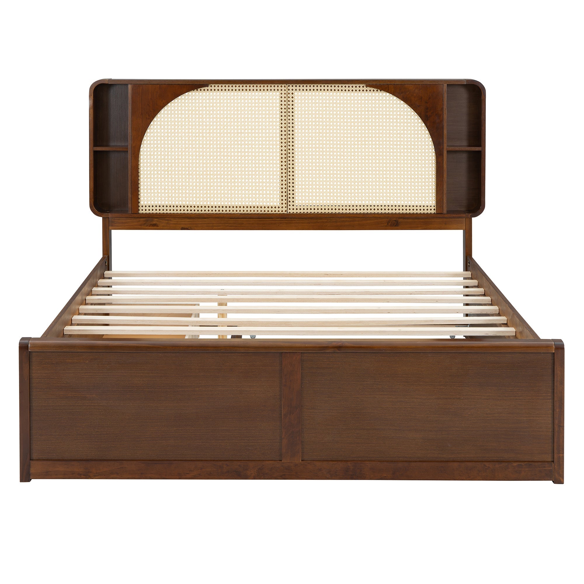 Queen Size Rattan Headboard Bed with Two Drawers and Trundle, Walnut