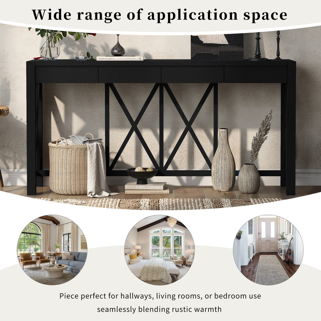 U_Style 60''Acacia Veneer Console Table with 4 Spacious Drawers, Modern Crisscross Design Entryway Table with Open Bottom Storage,Farmhouse Sofa Table for Living Room,Kitchen,Dining Room,Hallway