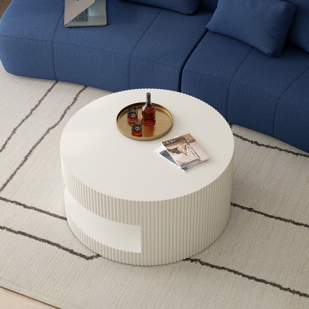 31.5'' Round Coffee Table,Modern Center Table with Storage,Vertical Stripe Design Coffee Table for Living Room,Bedroom(White)