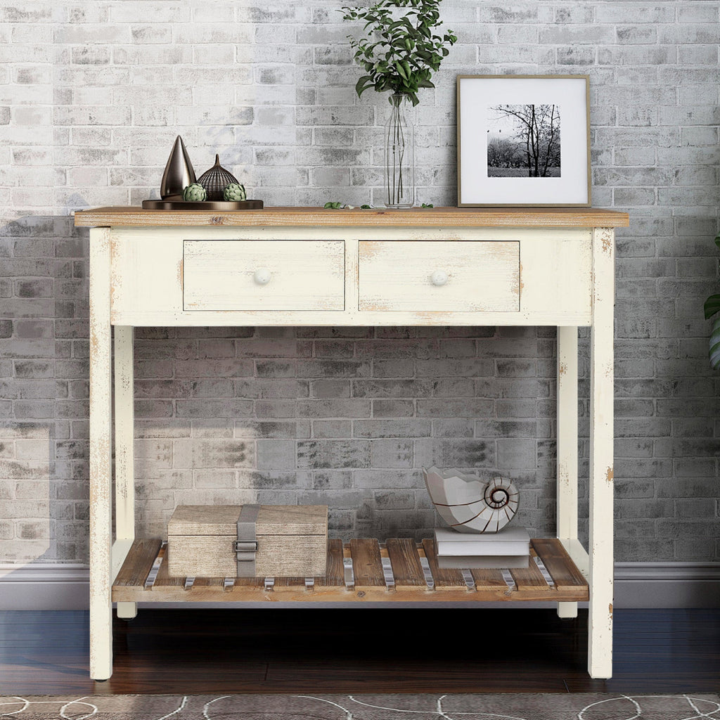 Vintage Two - Drawer Console Table with Open Shelf, Distressed Finish for Entryway & Living Room