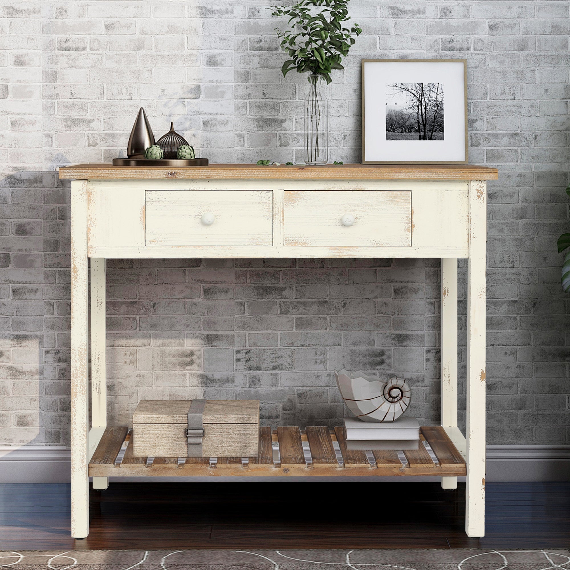 Vintage Two - Drawer Console Table with Open Shelf, Distressed Finish for Entryway & Living Room