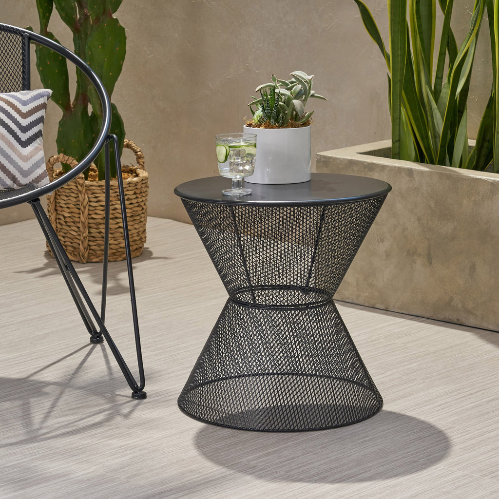 NEVADA Outdoor Side Table with Breezy Mesh Look in Matte Black Iron, 17.75 x 17.75 x 18.25 inches