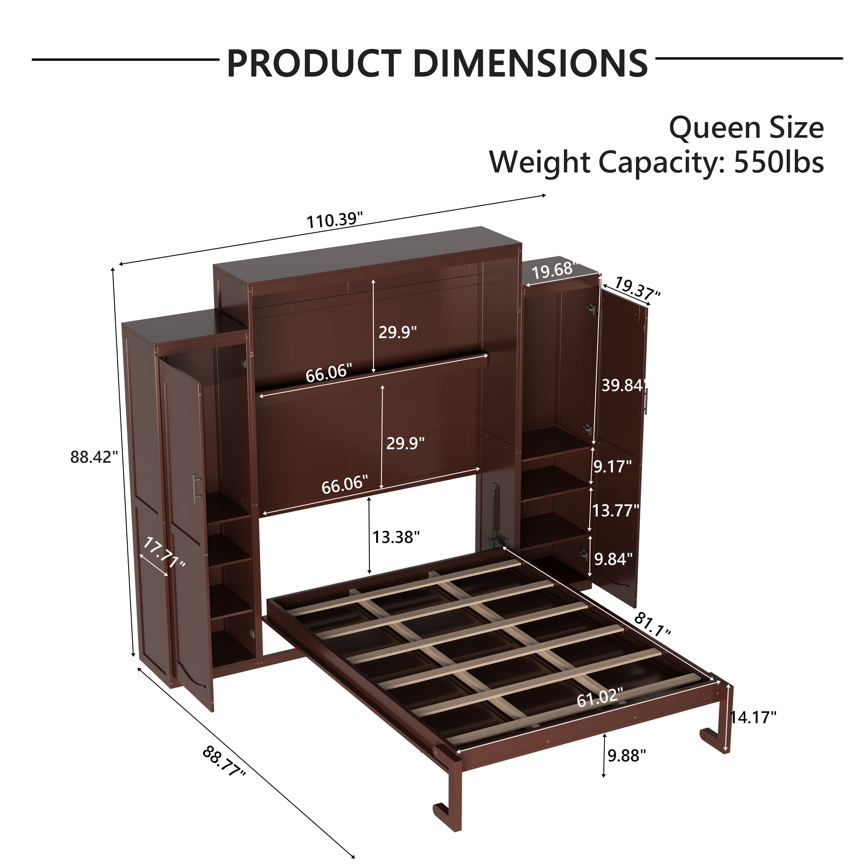 Queen Size Murphy Bed, Wooden Queen Wall Bed with 2 Wardrobe and Storage Shelf, Multifunctional Foldable Platform Bedframe for Guest-Room, Bedroom, Walnut