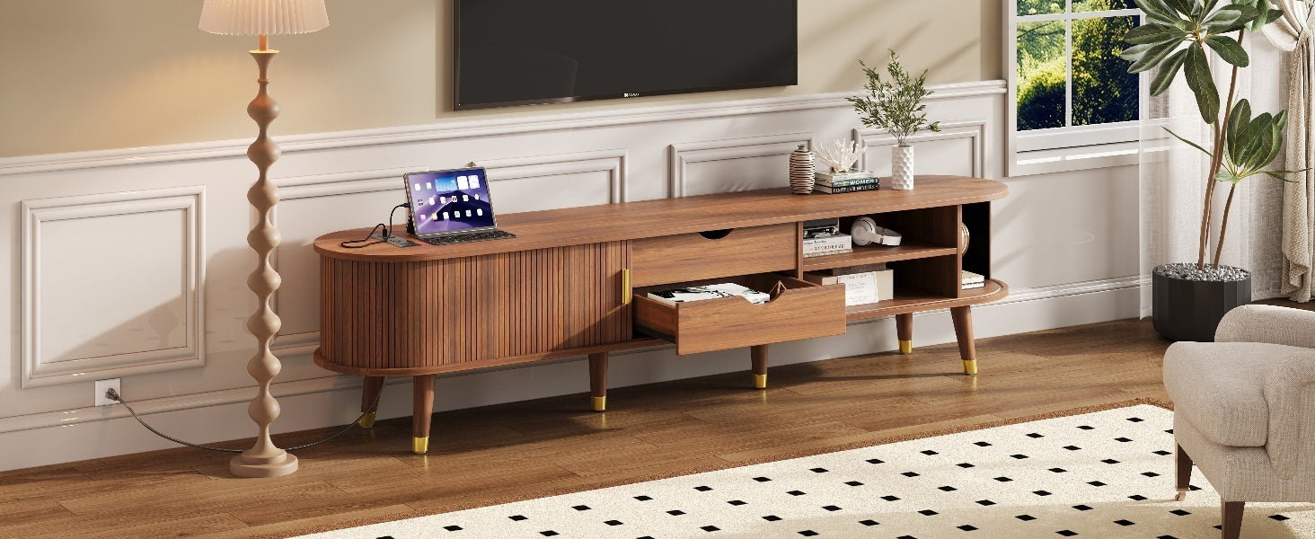 Wooden Oval Fluted TV Stand with Charging Station for TV up to 80', Mid-Century Media Console with Sliding Tambour Door, Farmhouse TV Cabinet with Golden Handle for Living Room, Walnut
