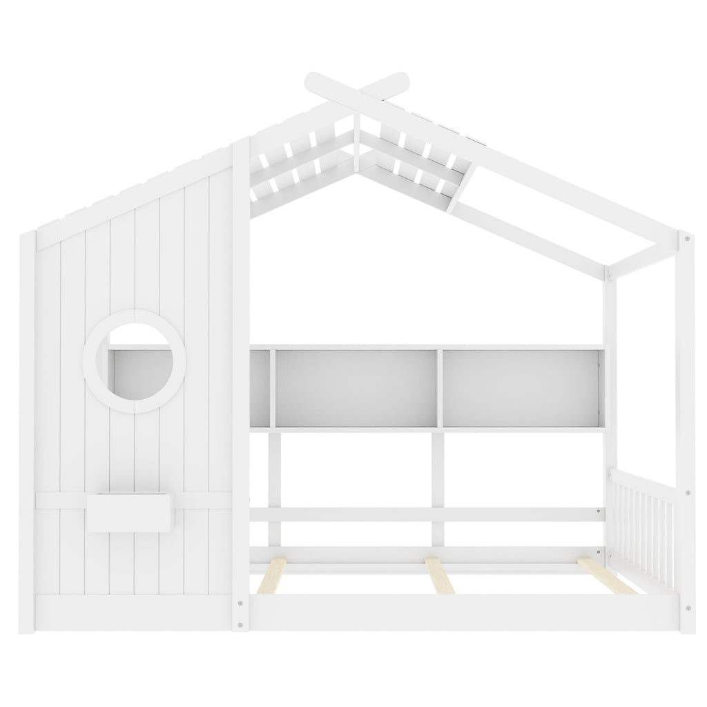 Full Size Floor House Bed for Toddler, Kids Montessori Bed  with Storage Shelf, Playhouse Bed with Roof Design, White