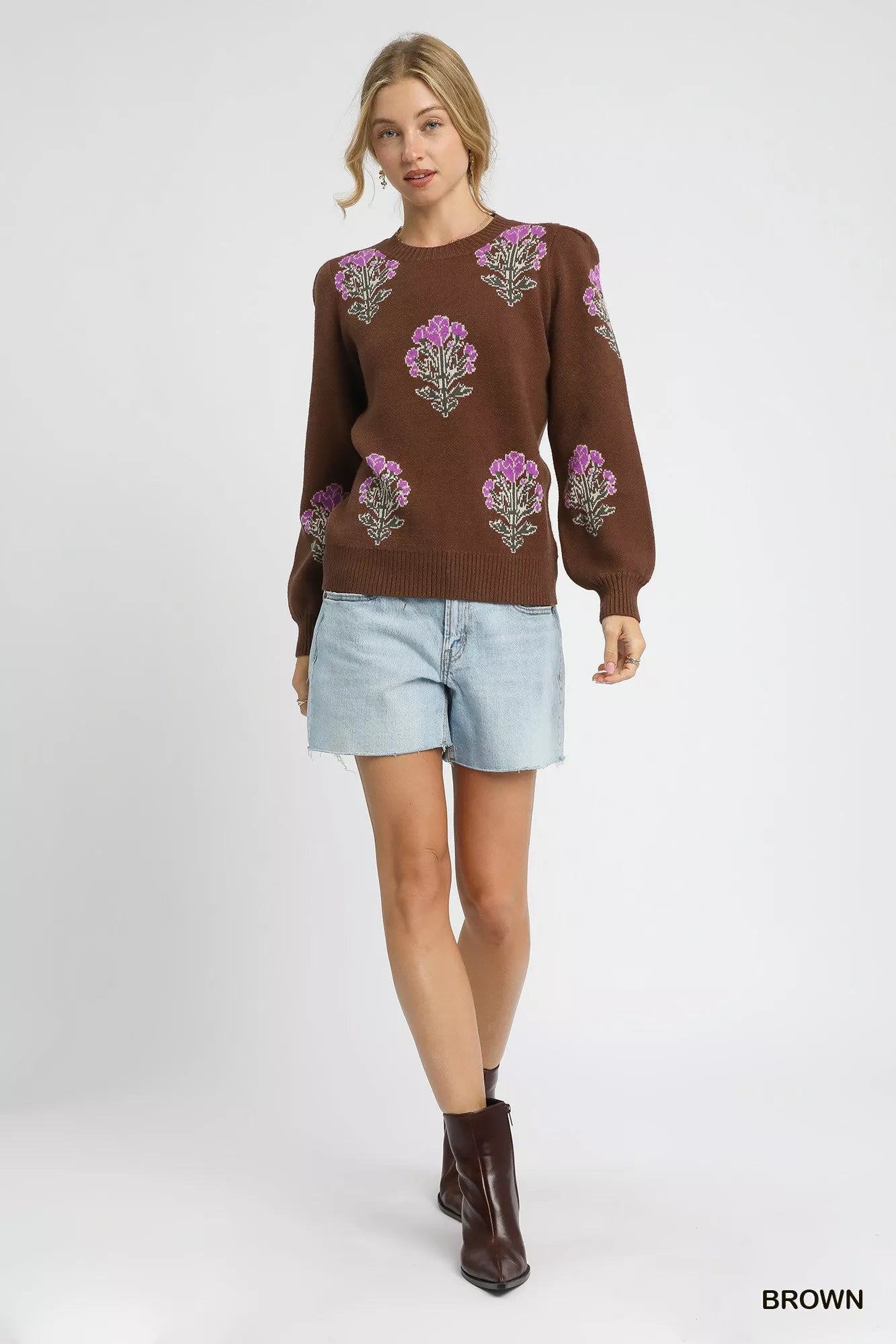 Umgee Single Flower Stem Jacquard Sweater