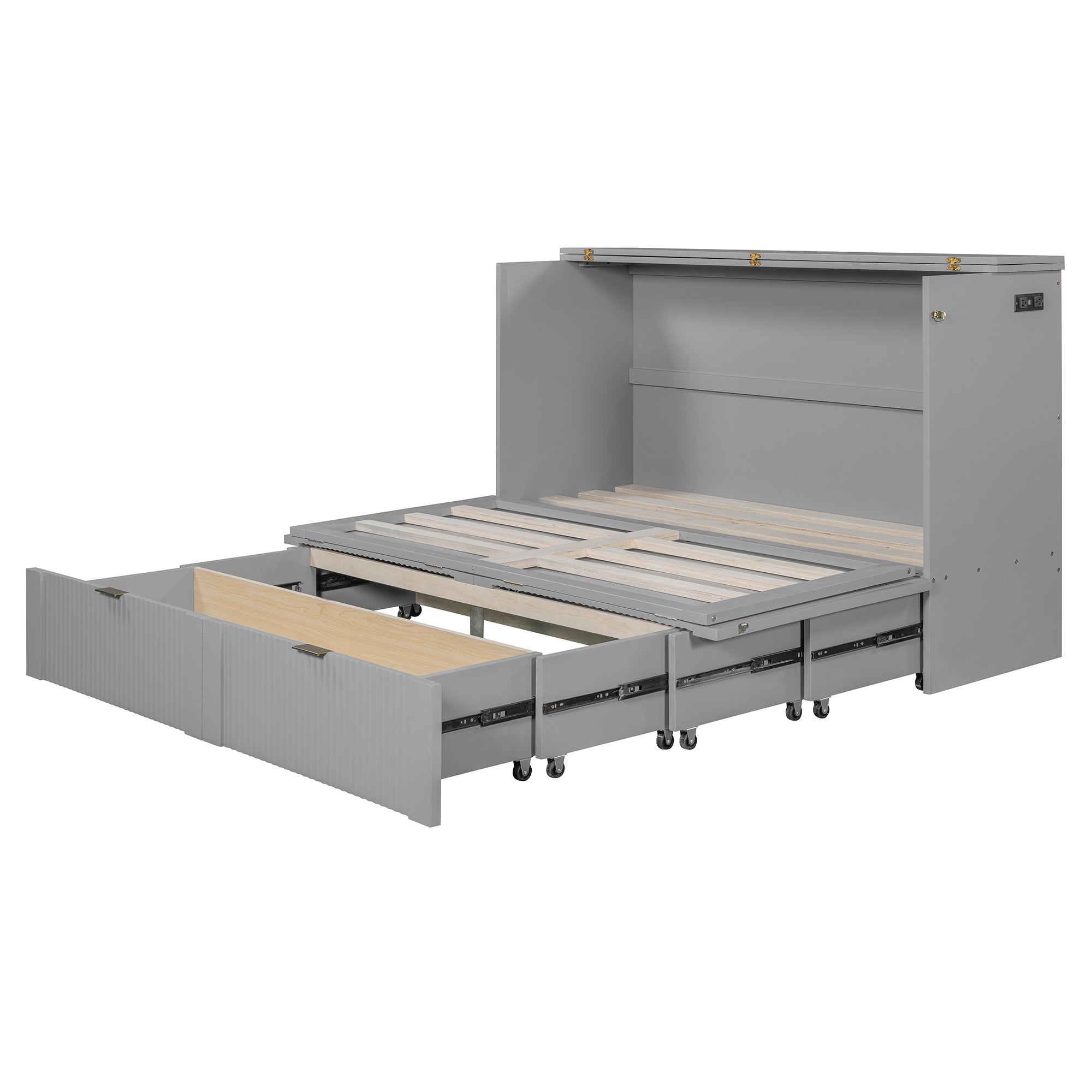 Queen Size Murphy  Bed with drawer and a set of Sockets & USB Ports, Pulley Structure Design, Gray