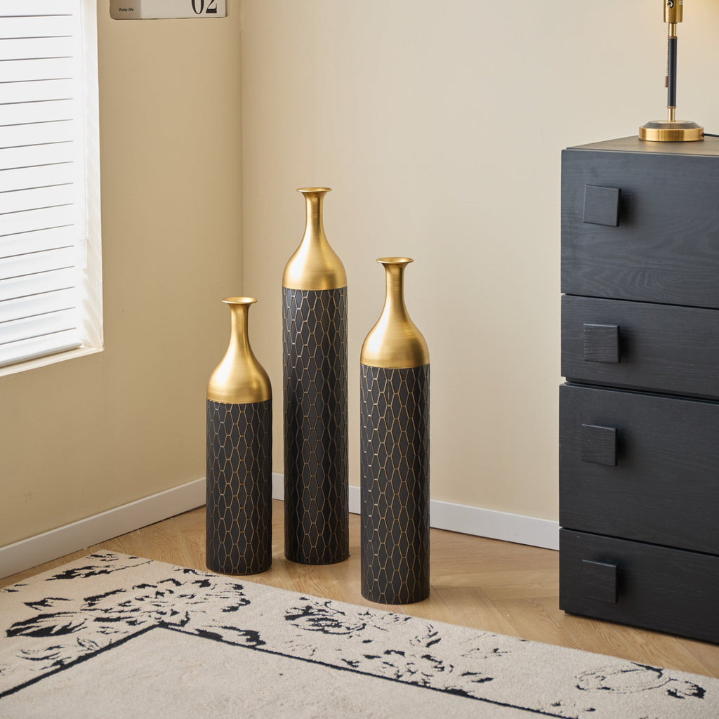 Elegant Floor Vase Set – Gold & Black Metal Decorative Vases – 3-Piece Set for Floral Display, Wedding & Gift Décor