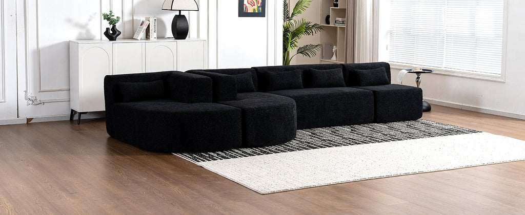 144' Upholstered Sofa Free-combined Sofa Couch with Two Chaise Lounge and Five Back Pillows for Living Room(Old SKU: N719S001600B), Black