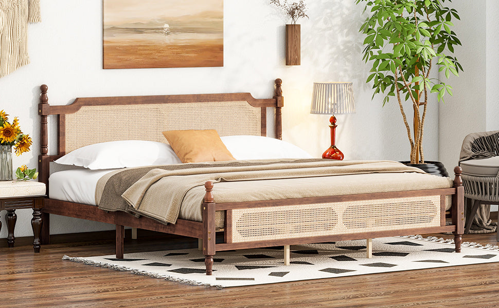 King Pine wooden Bed with Rattan Headboard  and Footboard, with  Central Enhanced Bed Platform,Walnut