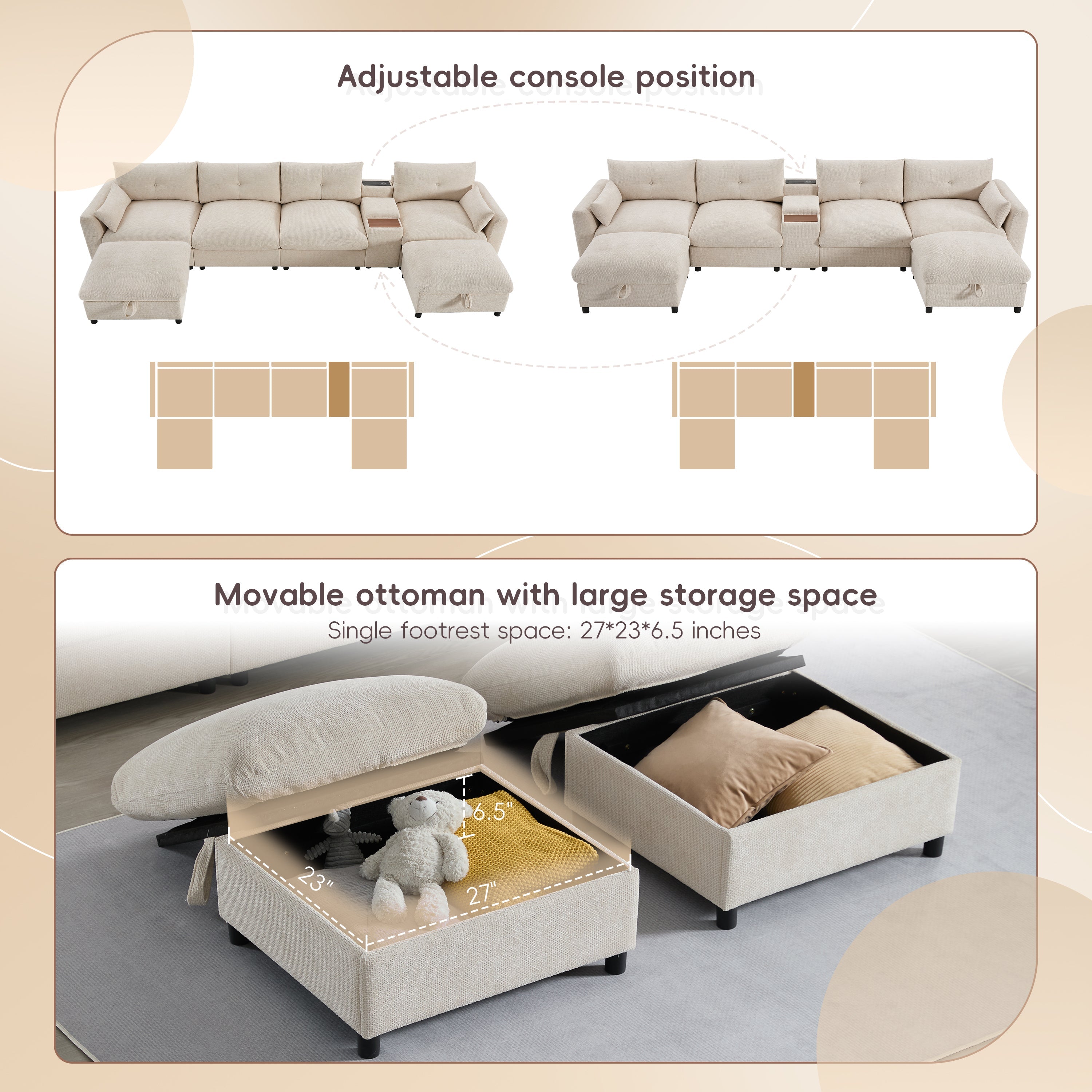 142'' Modular Sectional Sofa with Movable Storage Ottoman and Console,Cup Holder,Wide Seat,6 Seat U Shaped Couch,Oversized Chenille Sofa with USB Charger for Living Room,Apartment,2 Colors