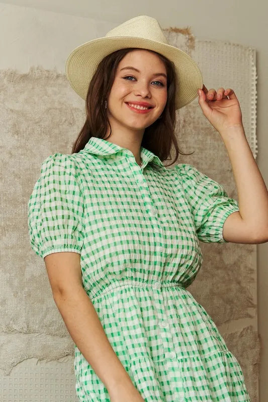 Davi & Dani Checkered Puff Sleeve Tiered Shirt Dress