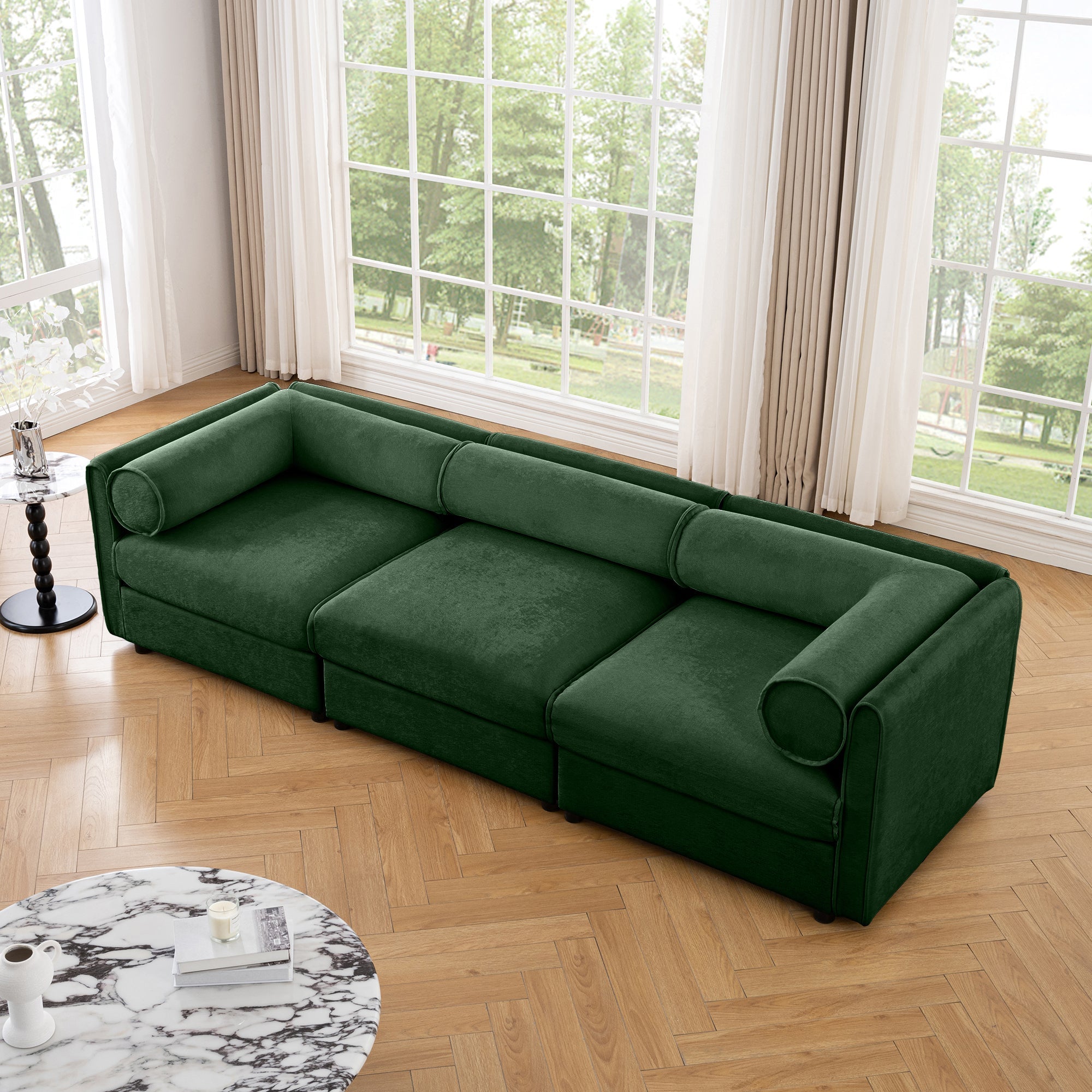 Elegant Green Chenille  Sofa with Storage Seat, Cylindrical Backrest and Armrests, Contemporary 3-Seater Fabric Couch with Hidden Storage Compartment