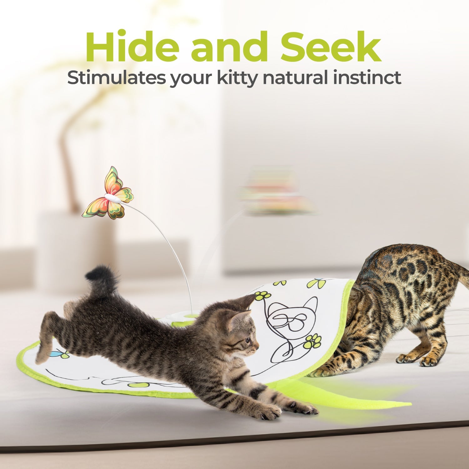 Interactive Flutter Bug Cat Toy with Motion-activated Hide-N-Seek