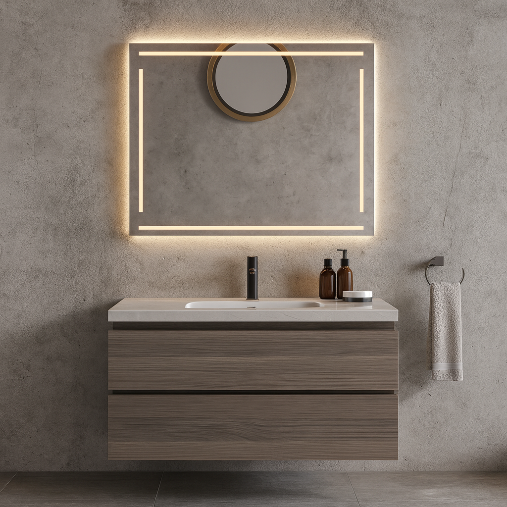 LED Bathroom Mirror – Modern Rectangular Lighted Vanity Mirror with Frame Lines, Backlit Wall Mirror