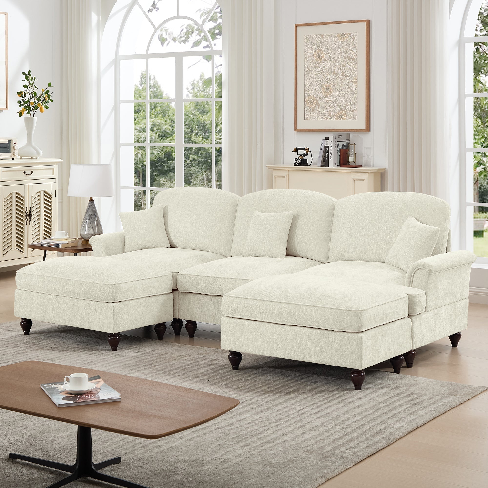 Classic Comfy Modular U Shape Sectional Sofa Couch with Flared Arms and Removable Ruffles Pleats Skirts and Spindle Legs, Upholstered Chenille Deep Seat Cloud Sofa with Movable Ottomans, Beige White