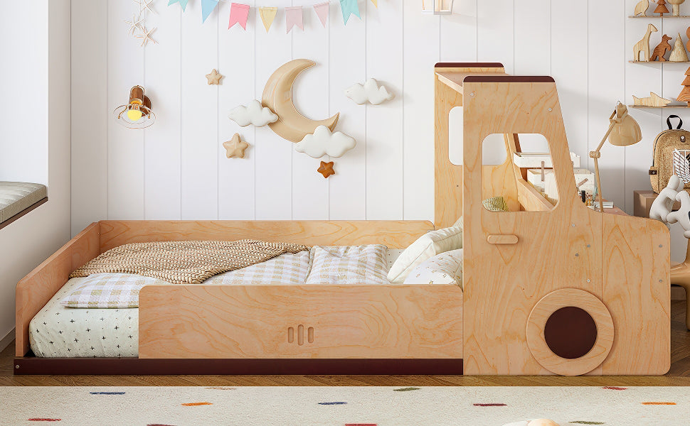 Full Size Floor Bed with Interesting Car-shape Design, Kids Car Floor Bed with Storage Drawers, Window, and Desk, Childlike Design, Natural
