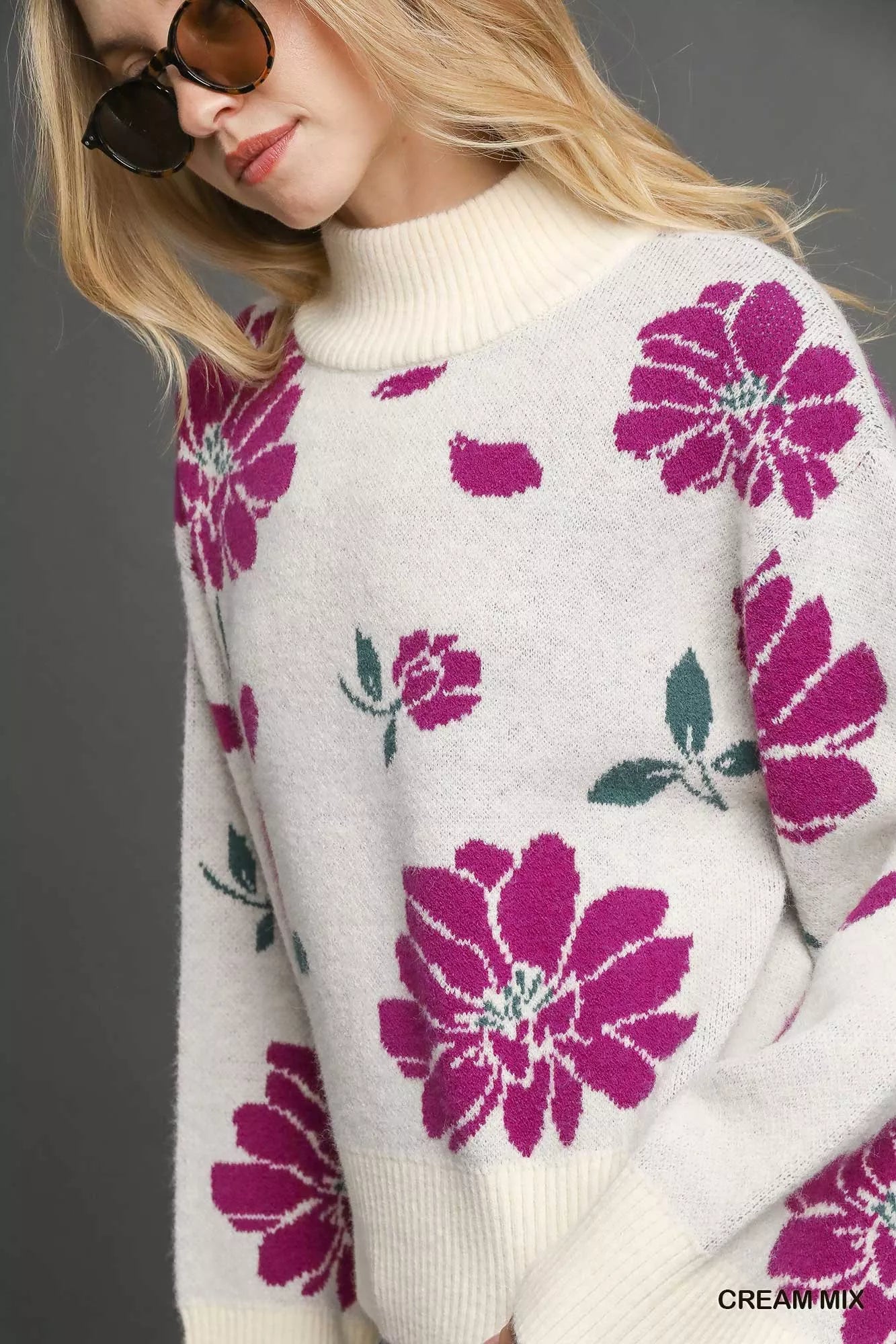 Umgee Floral Patterned Mock Neck Sweater