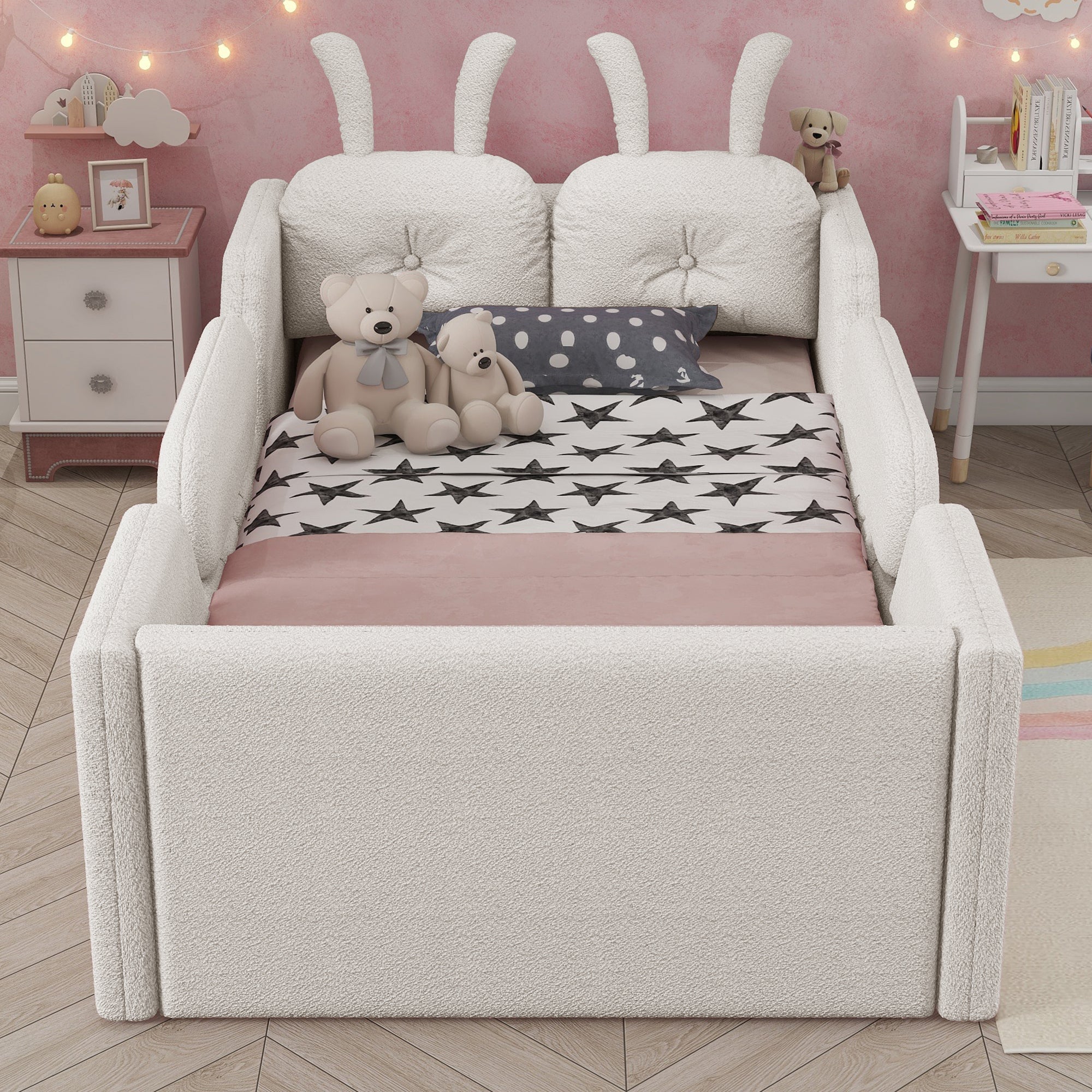 Twin Size Upholstered Platform Bed with Rabbit Cushion, Kids Floor Upholstered Bed with Removable Side Rails, White(Expect Arrival Date 2025/1/15)