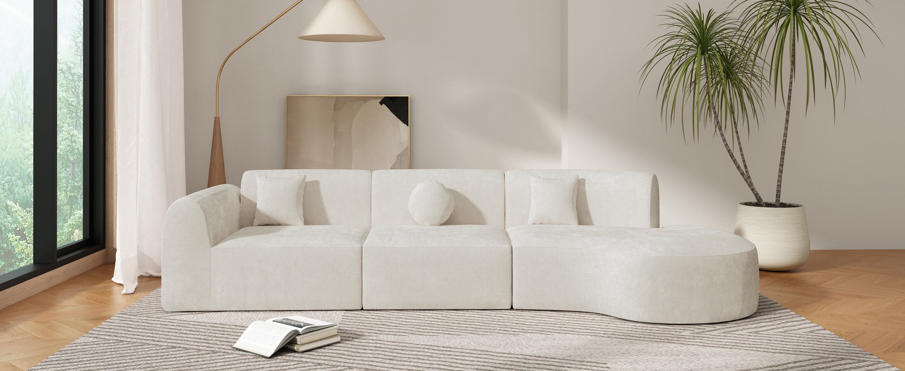 140' Modern Curved Sectional Sofa with High-Density Fully Compressed Sponge and Chaise Lounge, 3-Piece Set, Fully Assembled Right Hand Facing, Perfect for Living Room, Lounge