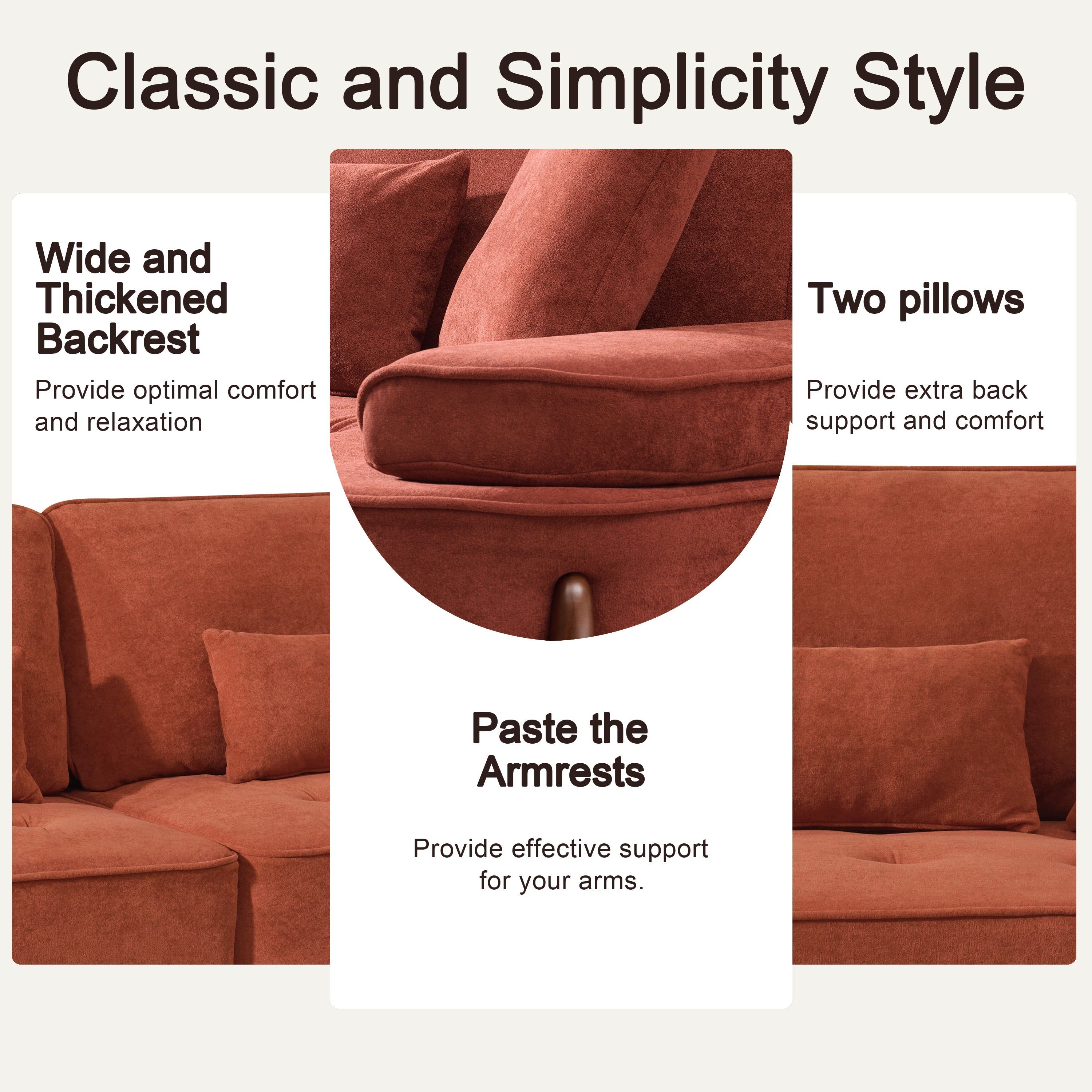 Comfortable Deep Seated Sofa with Pillows for Bedroom, Living Room, Office in Brick Red Velvet