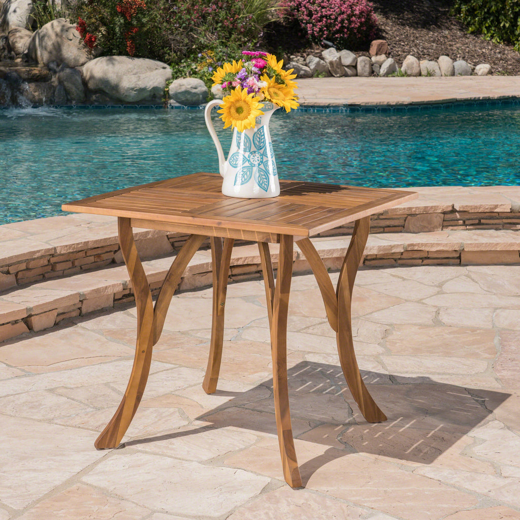 Outdoor Square Table with Curved Legs and Perpendicular Wooden Slats Table Top, Teak