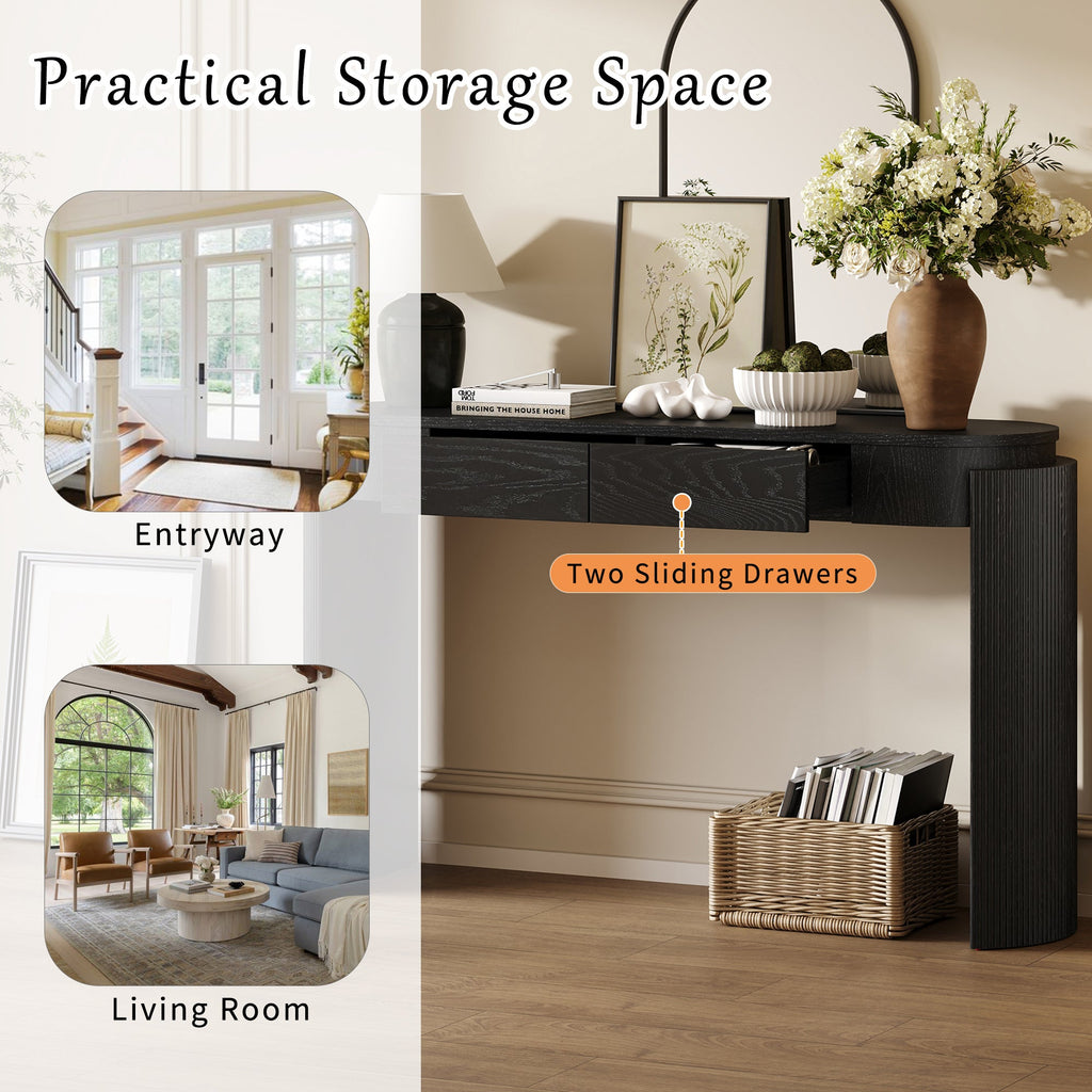 TREXM Entryway Table with Natural Wood Grain Finish, Console Table with Fluted Design, Oval Top and 2 Drawers for Entryway and Living Room (Black)