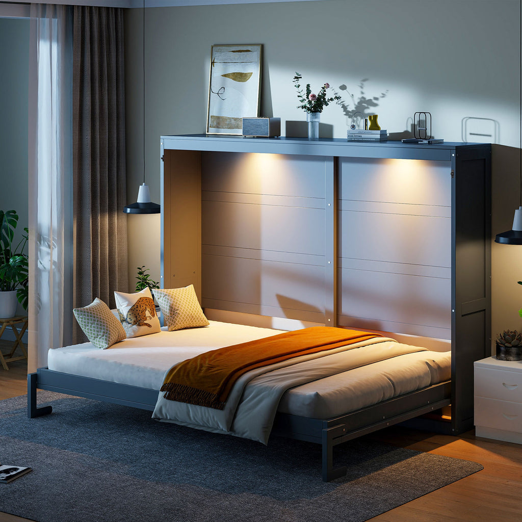 Queen Size Murphy Bed Wall Bed Modern design with LED Lights,Gray(OLD SKU:LP100973AAE)